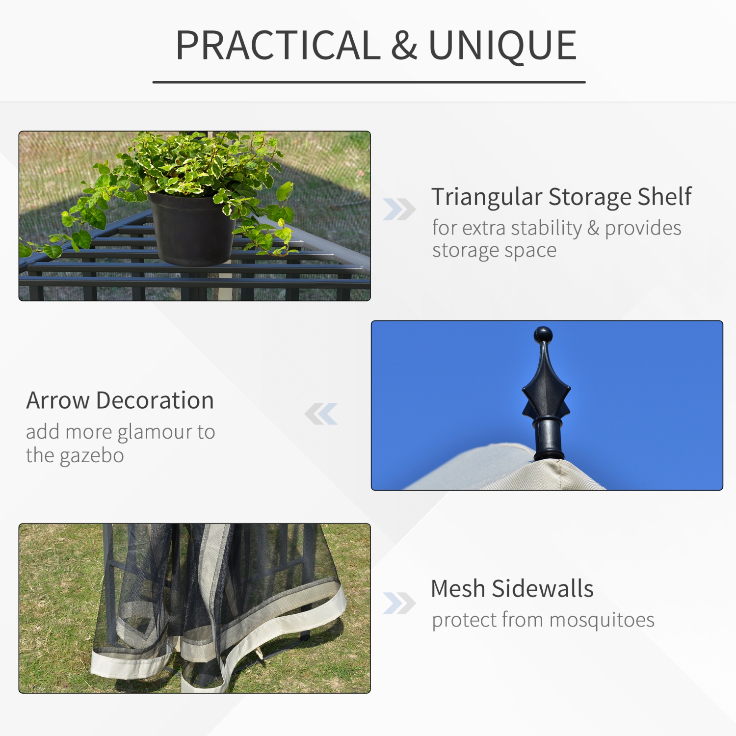 Outsunny 12' x 10' Outdoor Patio Gazebo Canopy with Double Tier Roof, Removable Mesh Sidewalls, Triangular Display Shelves, Beige