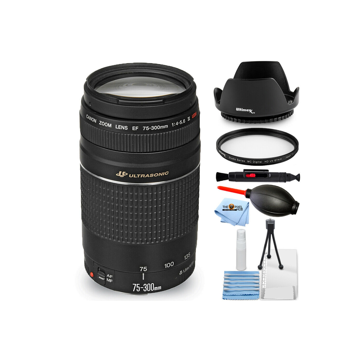 Objectif Canon EF 75-300mm f/4-5.6 III 6473A003 - L'ensemble essentiel comprend : un objectif tulipe, un filtre UV, un stylo de nettoyage, un