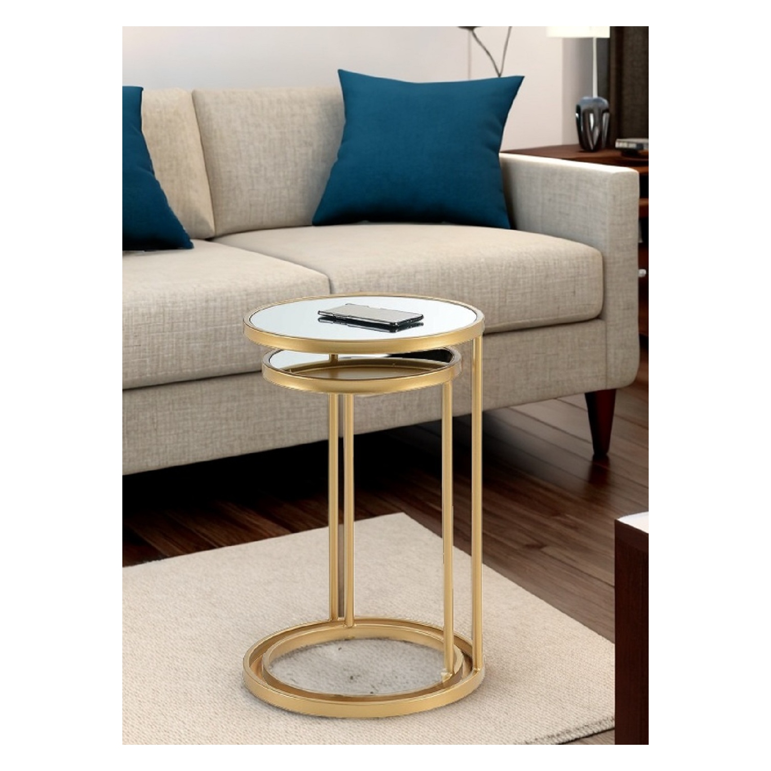 Rover Glass Mirror Metal Frame Mid-Century Nested Living Room End Side Table, Bed Side Table, Gold, Set of 2