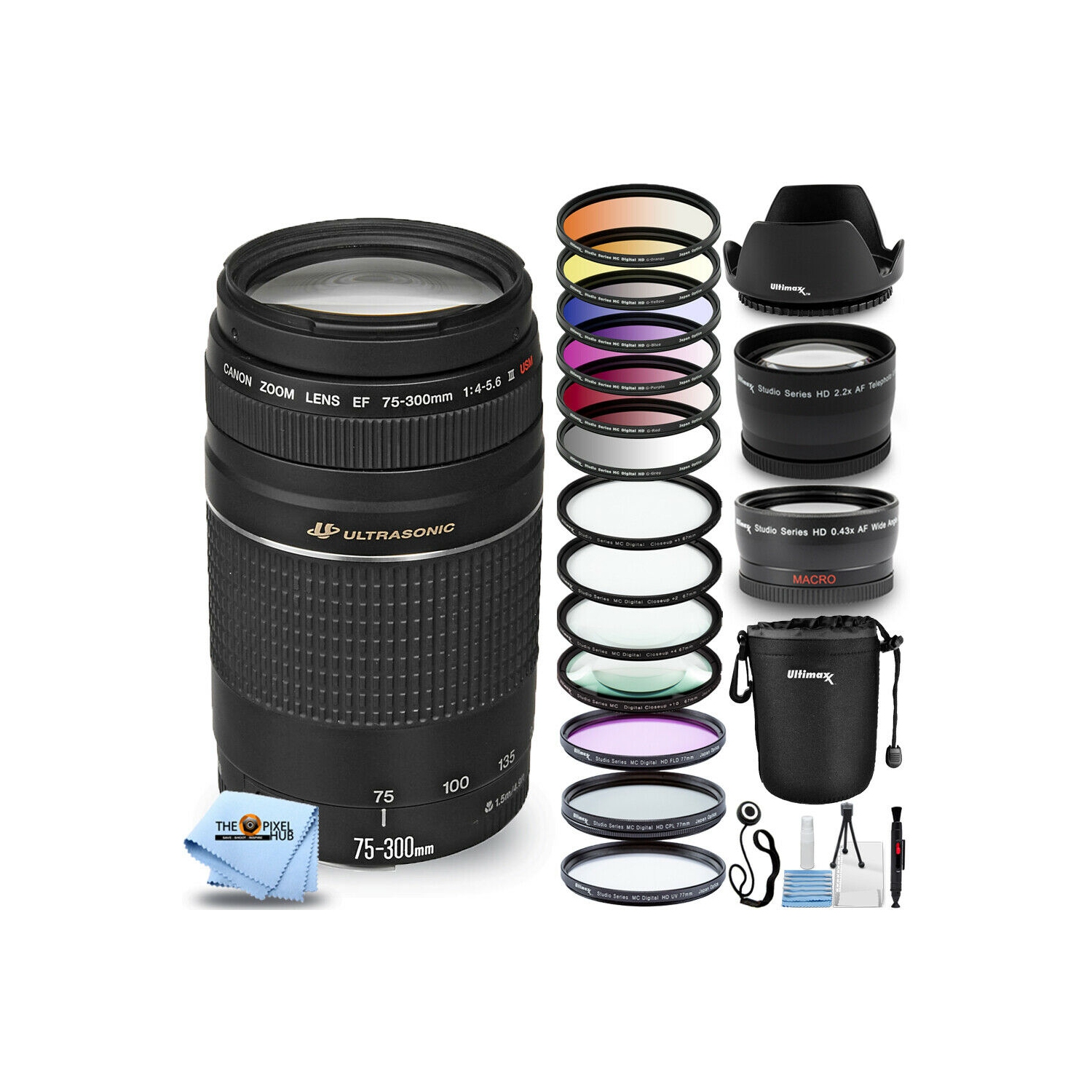 Objectif Canon EF 75-300mm f/4-5.6 III 6473A003 - L'ensemble ultime comprend : un kit de filtres de couleurs gradués 6PC, des objectifs macro/gros