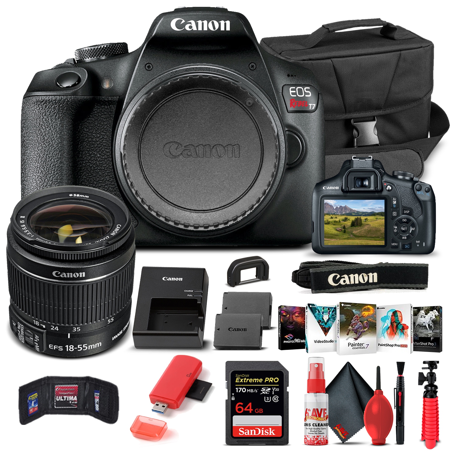Canon EOS Rebel T7 DSLR Camera with 18-55mm Lens, 64GB Card, Software, and Tripod Bundle
