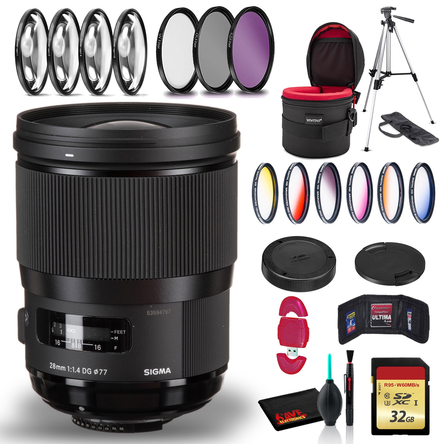 Sigma 28mm f/1.4 DG HSM Art Lens for Nikon F with Cleaning Kit, Full Size Tripod, 32GB Memory Kit, Filter Kits, and Case Bundle