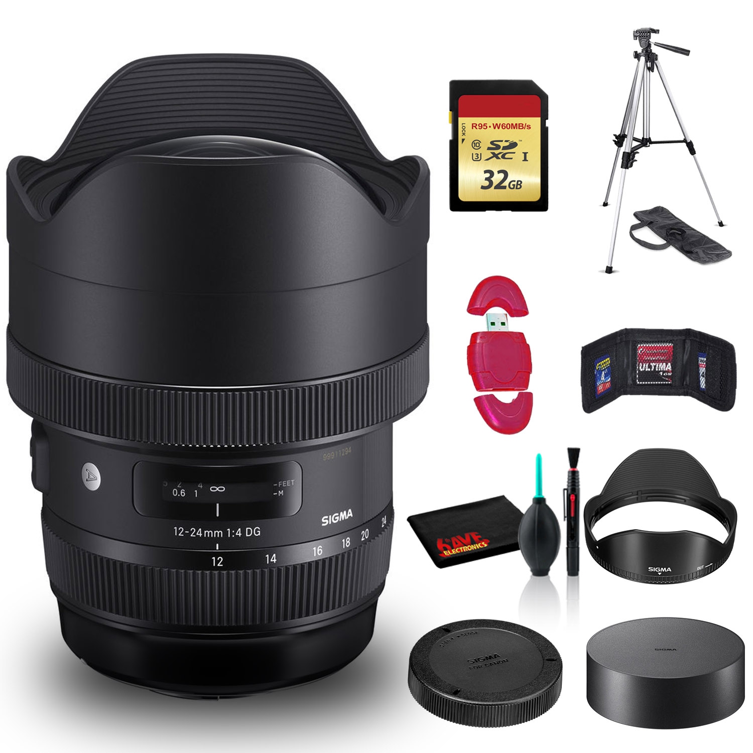Sigma 12-24mm f/4 DG HSM Art Lens for Nikon F with Cleaning Kit, 57" Full Size Tripod, and 32GB Memory Card Kit Bundle