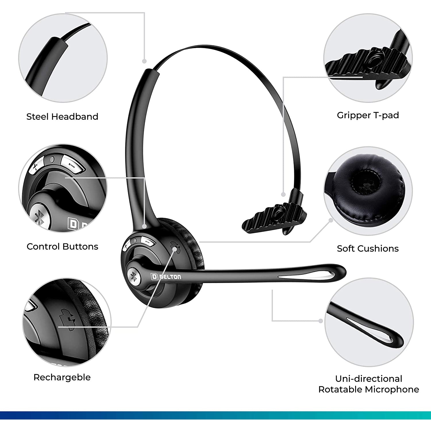 Delton Over-the-Head Bluetooth Wireless Headset for Drivers, Call Centers, Skype Noise Canceling Hands Free with Mic 18 Hours of Talk Time