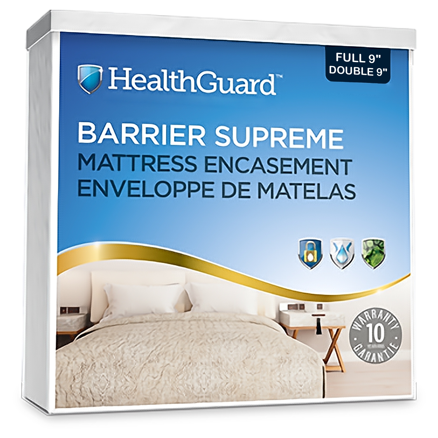 HealthGuard Barrier Supreme Enveloppe de Matelas 6 Côtés Imperméables Double 9"