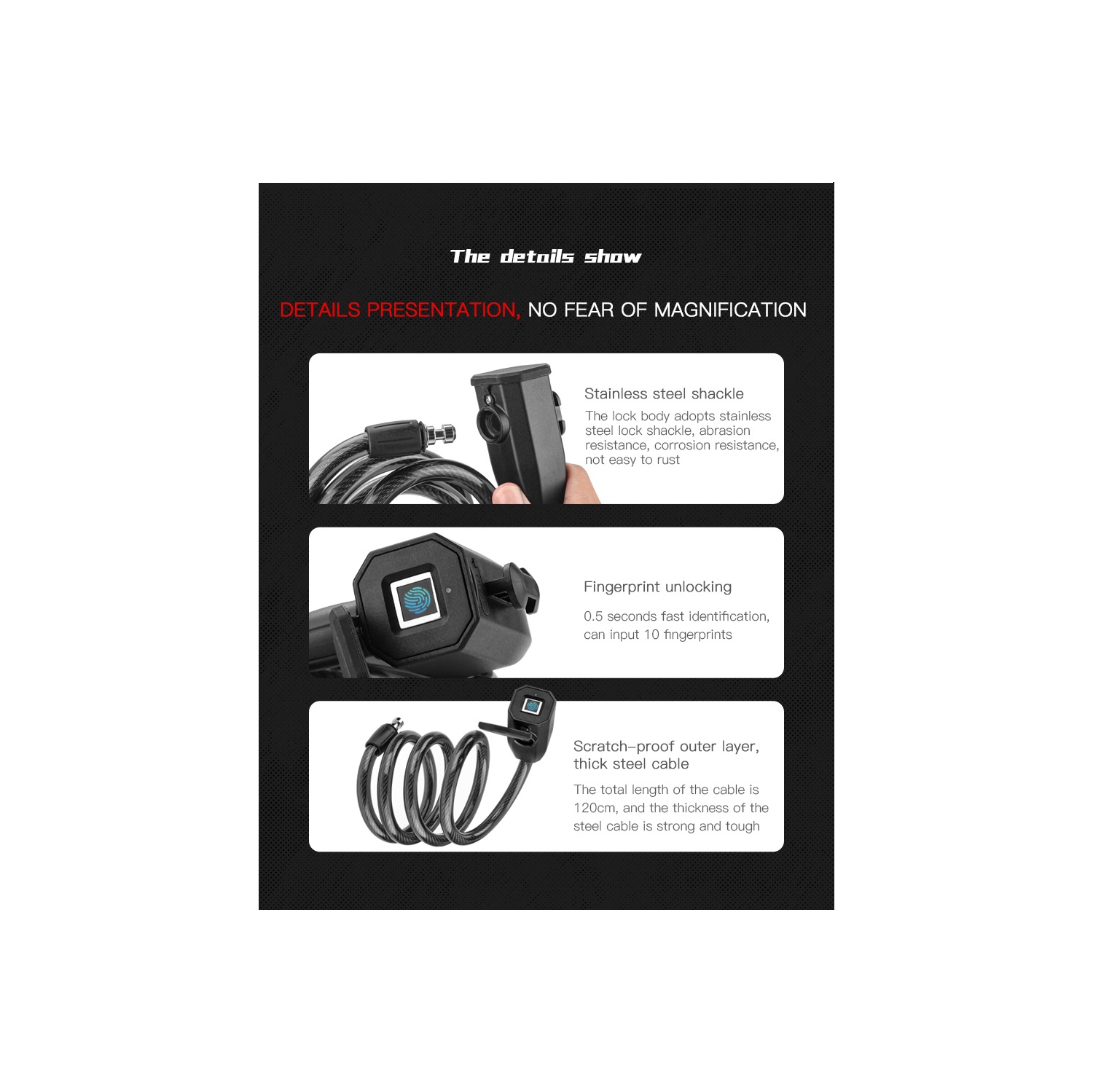 Fingerprint Bicycle Lock, Smart Cable Lock with Keyless Biometric