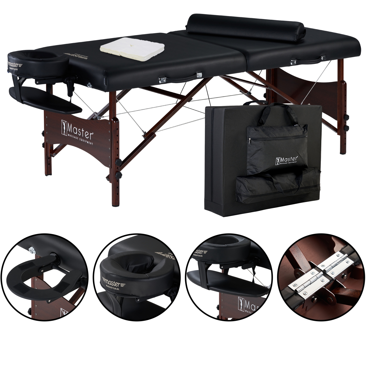 Master Massage Roma II Portable Massage Table Bed Package with 2.5" Cushion, Half Round Bolster, Disposable Face Cover, Black, 30" Salon Beauty