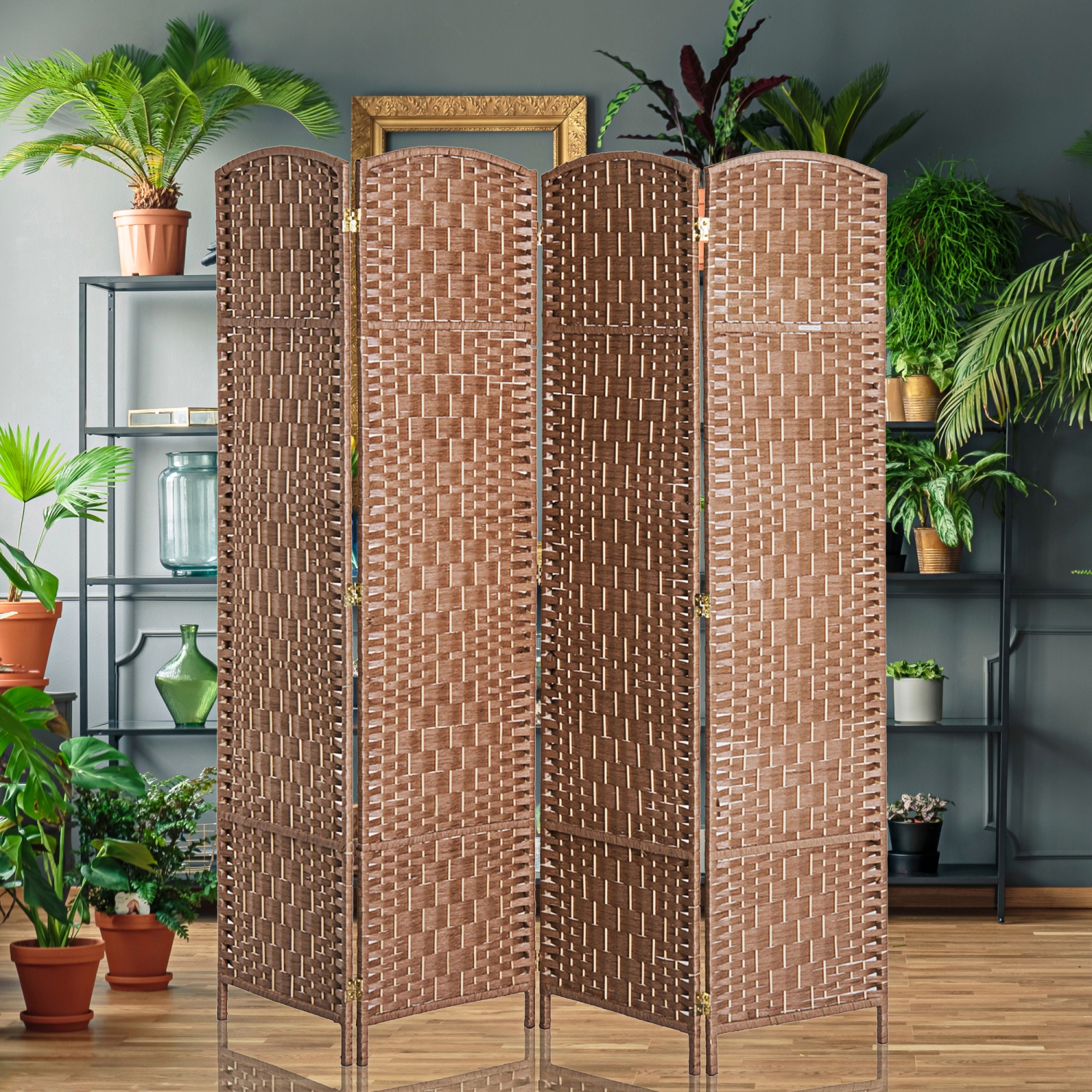 HOMCOM 4 Panels Room Divider, 6 Ft Tall Indoor Portable Folding Privacy Screens, Hand-Woven Double Hinged Freestanding Partition Wall Divider for