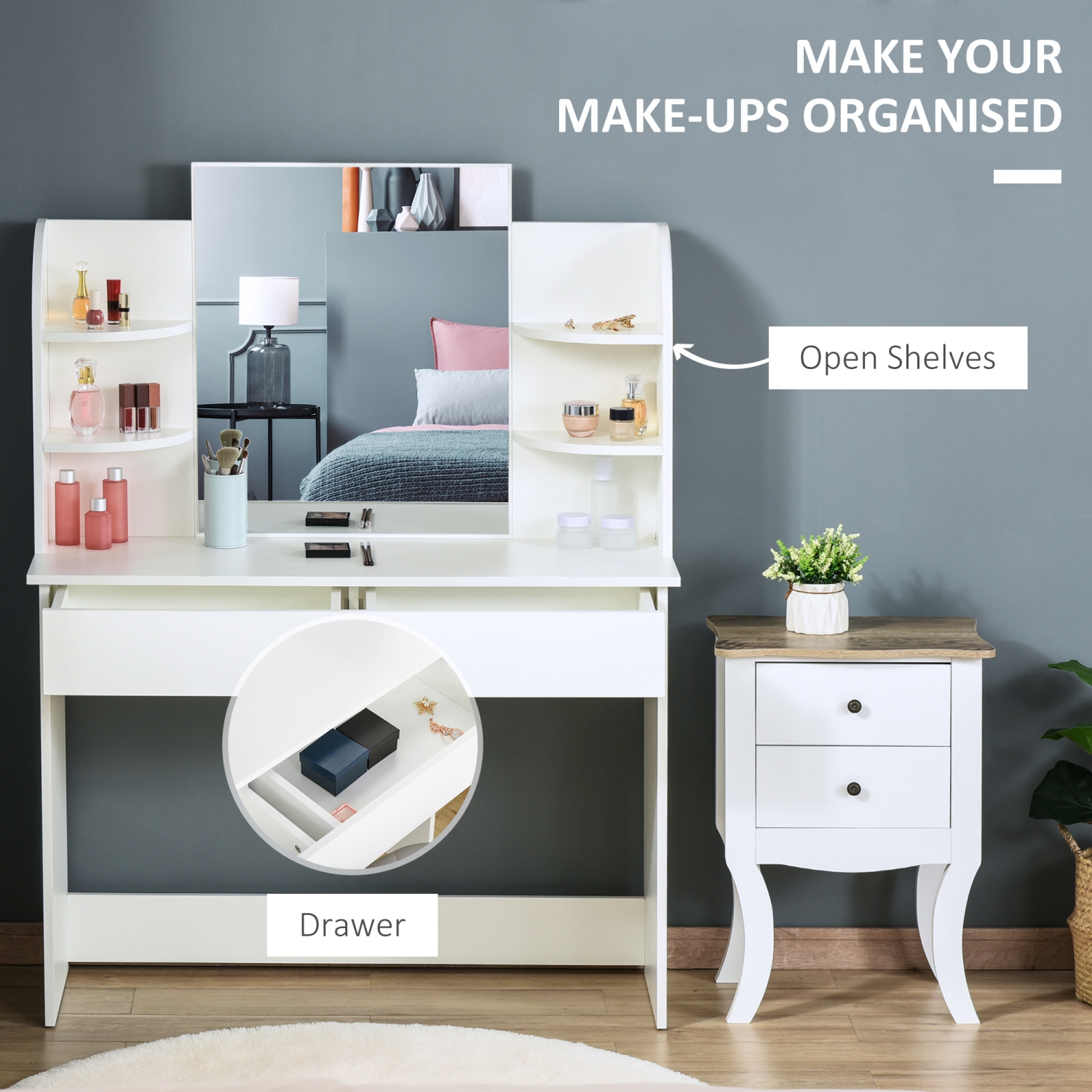 HOMCOM Vanity Desk with Mirror, Makeup Vanity with Open Shelves and Drawer, Dressing Table for Bedroom, White
