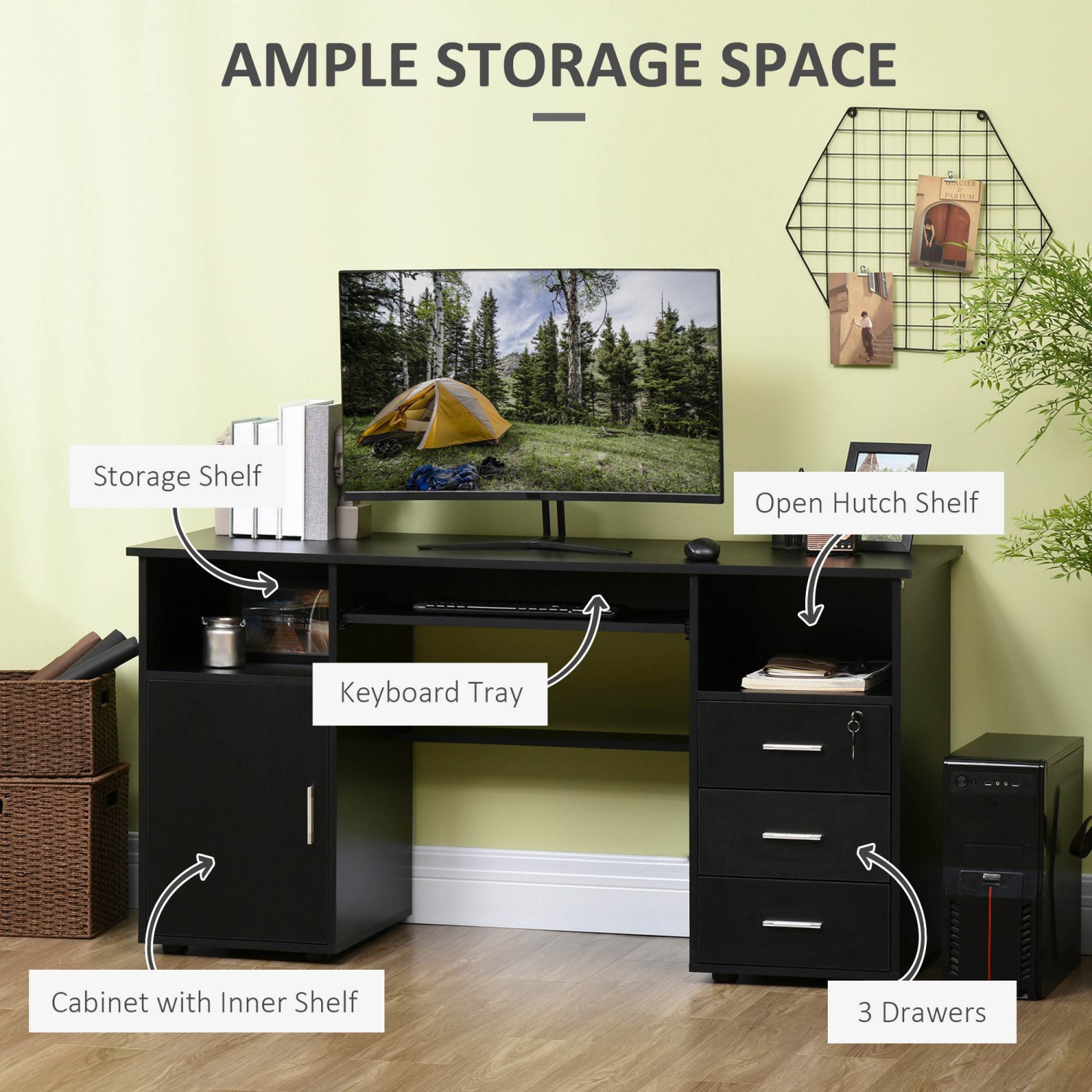 HOMCOM – Bureau d'ordinateur de 57 po avec tiroirs, bureau à domicile avec plateau pour clavier, tablettes ouvertes et tiroir verrouillable,