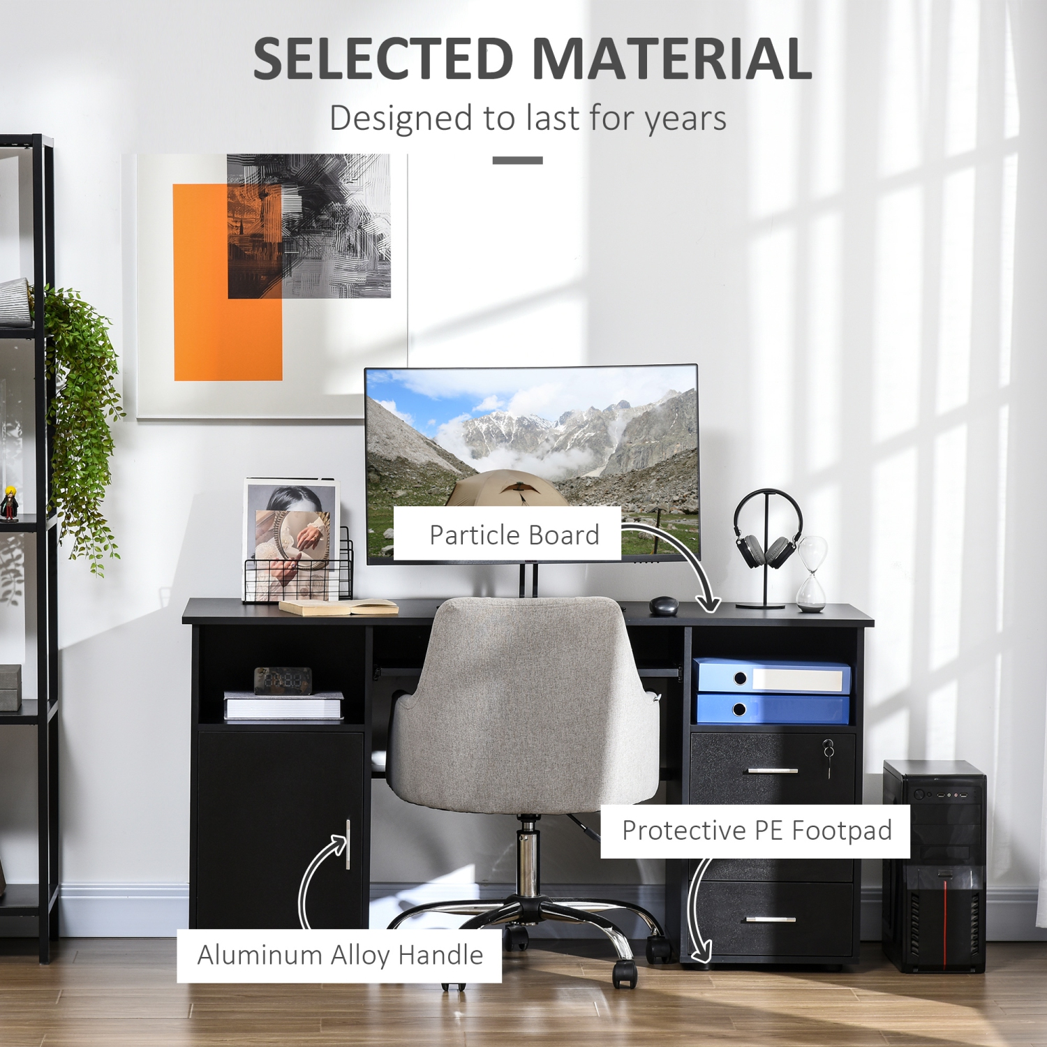 HOMCOM – Bureau d'ordinateur de 57 po avec tiroirs, bureau à domicile avec plateau pour clavier, tablettes ouvertes et tiroir verrouillable,