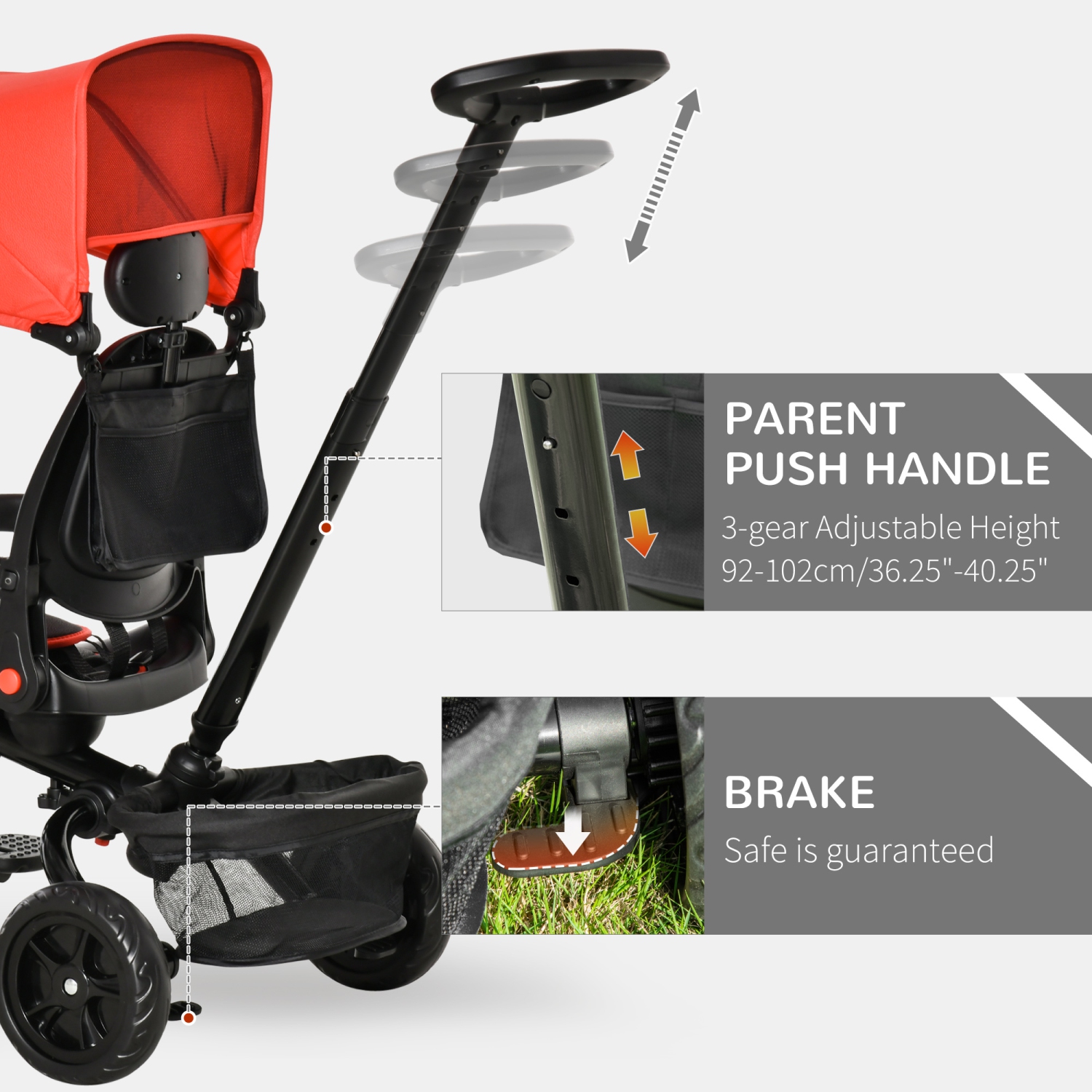 Qaba Tricycle for Toddler 4 in 1 Kids Trike with Reversible Adjustable Seat, Baby Push Bike with Removable Handle, Curved Canopy, Belt Storage Brake