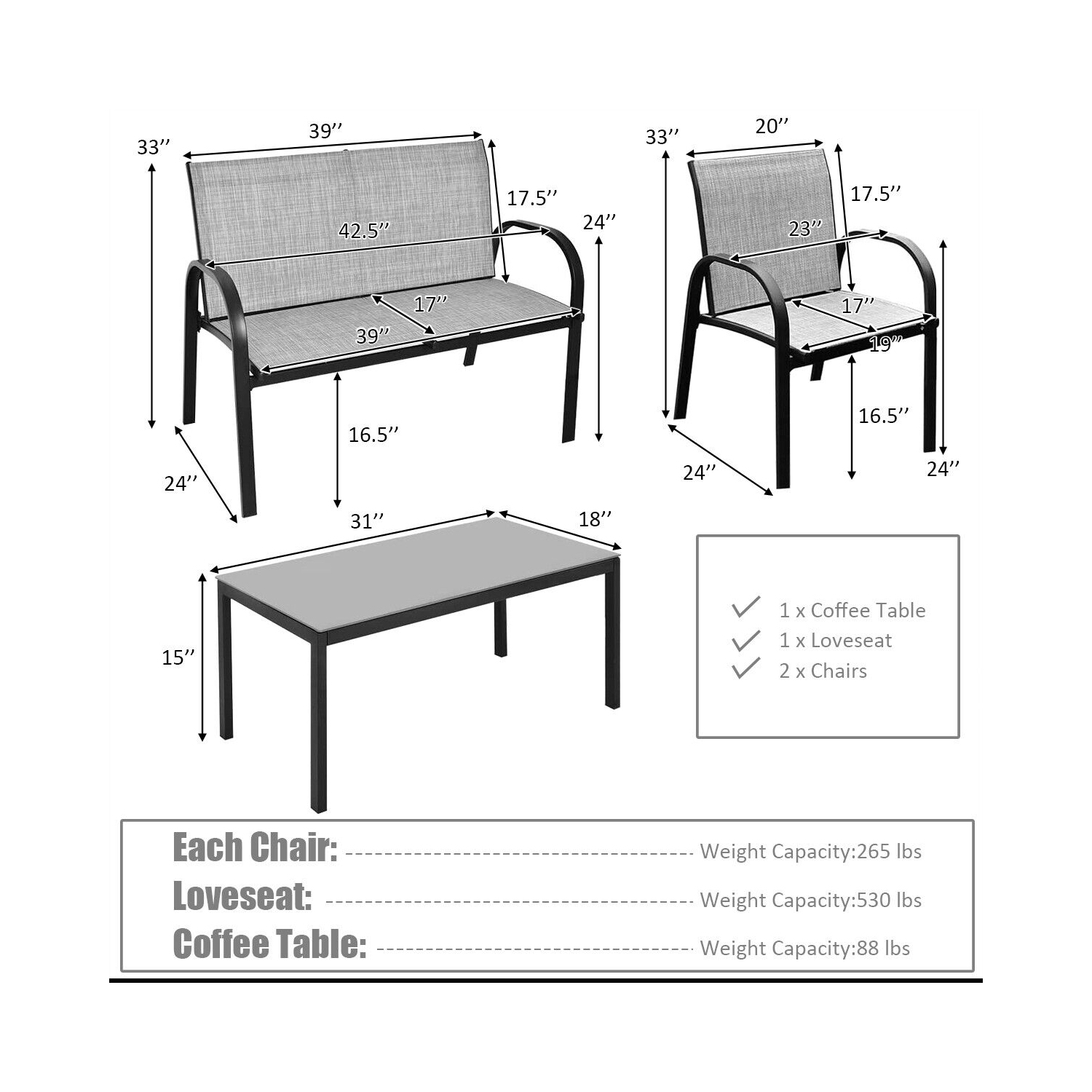 Topbuy 4PCS Chairs Set Coffee Table Patio Garden Modern Furniture Brand New