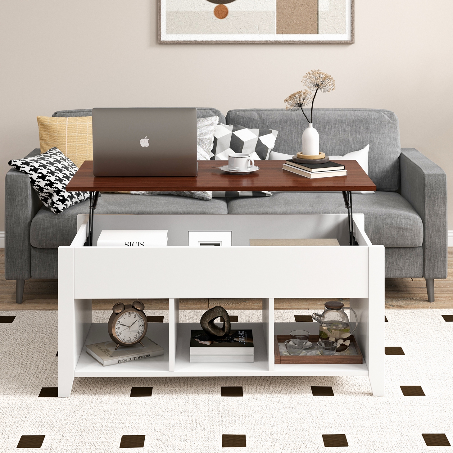 Topbuy Height Adjustable Wood Table Coffee Desk Teapoy Hidden Compartment for Office