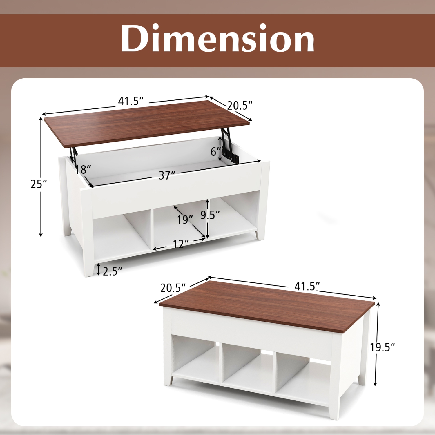 Topbuy Height Adjustable Wood Table Coffee Desk Teapoy Hidden Compartment for Office