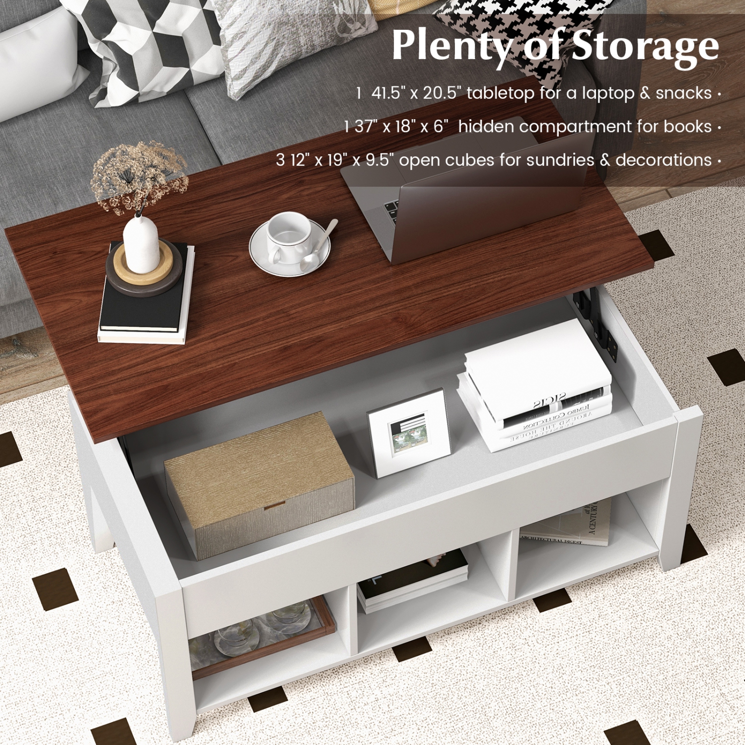 Topbuy Height Adjustable Wood Table Coffee Desk Teapoy Hidden Compartment for Office