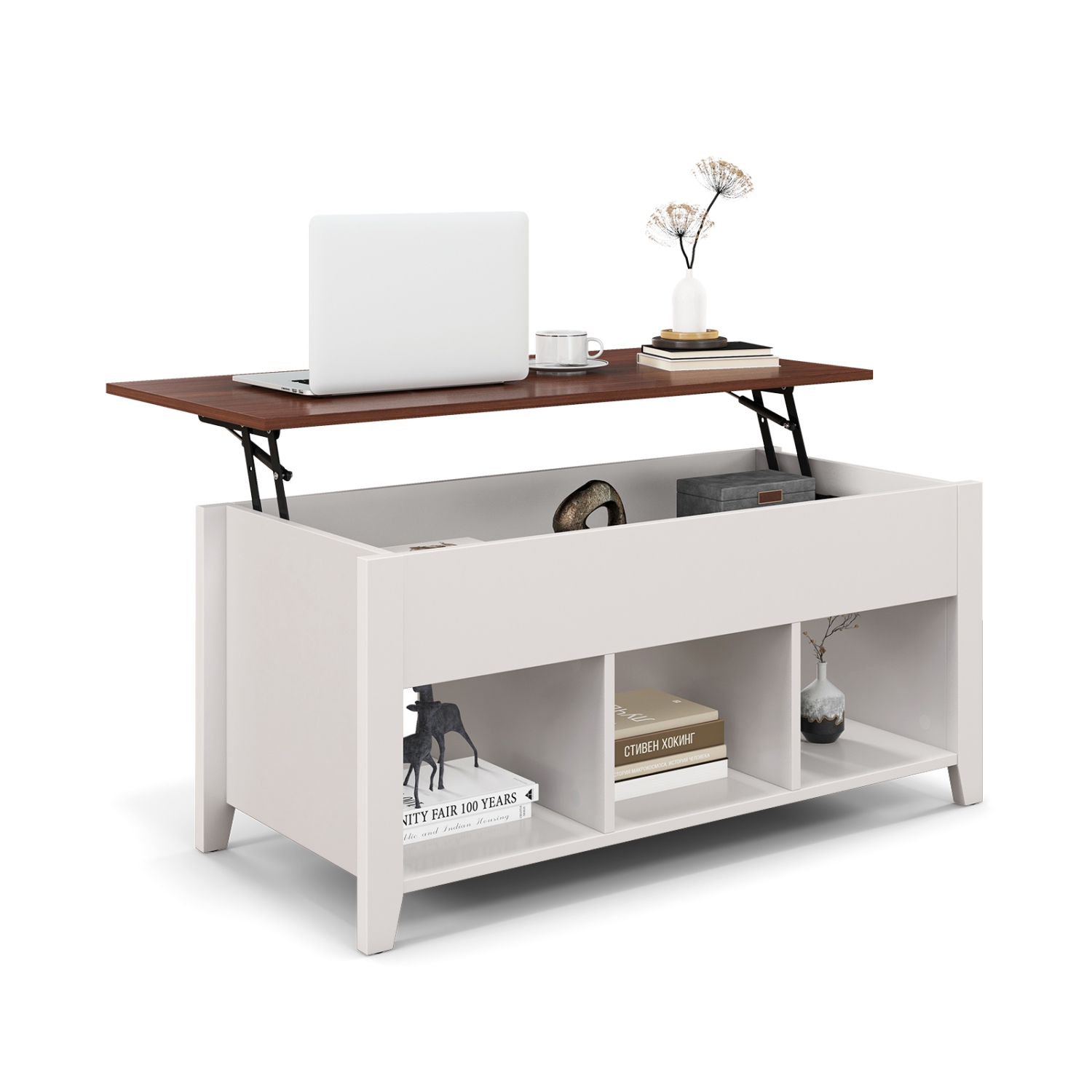 Topbuy Height Adjustable Wood Table Coffee Desk Teapoy Hidden Compartment for Office