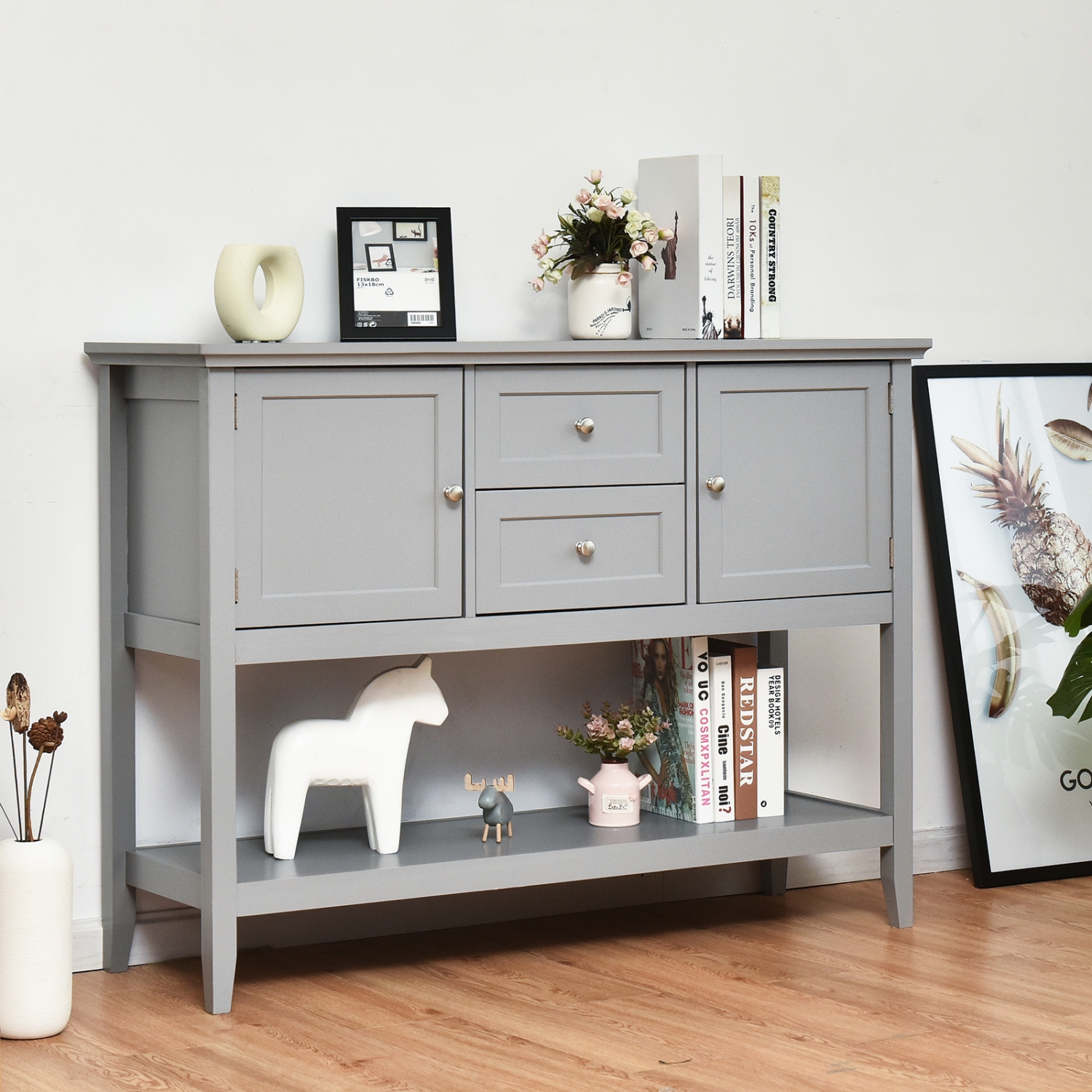 Topbuy Buffet Cabinet Sideboard Wooden Console Table with 2 Storage Drawers & 2 Cabinets & Bottom Shelf Beige/Gray