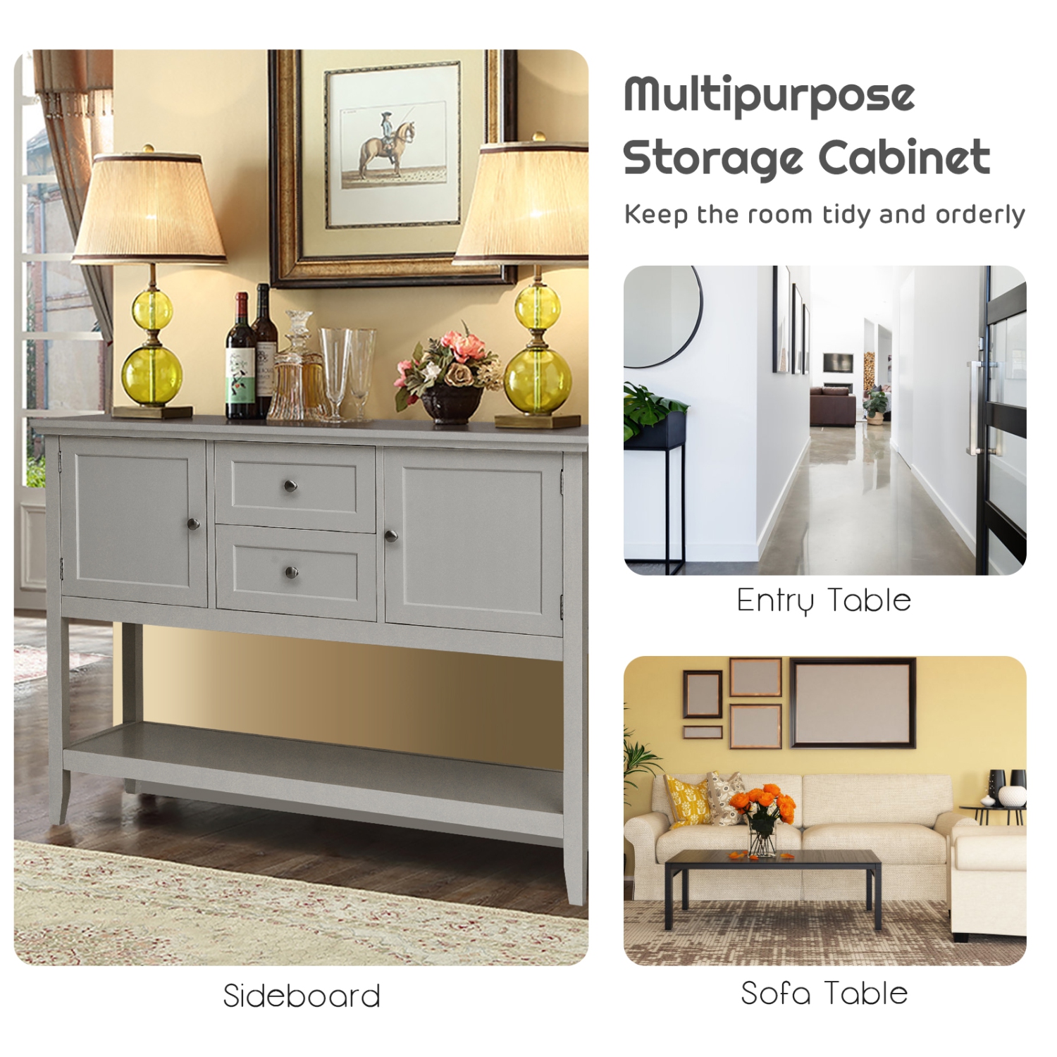 Topbuy Buffet Cabinet Sideboard Wooden Console Table with 2 Storage Drawers & 2 Cabinets & Bottom Shelf Beige/Gray