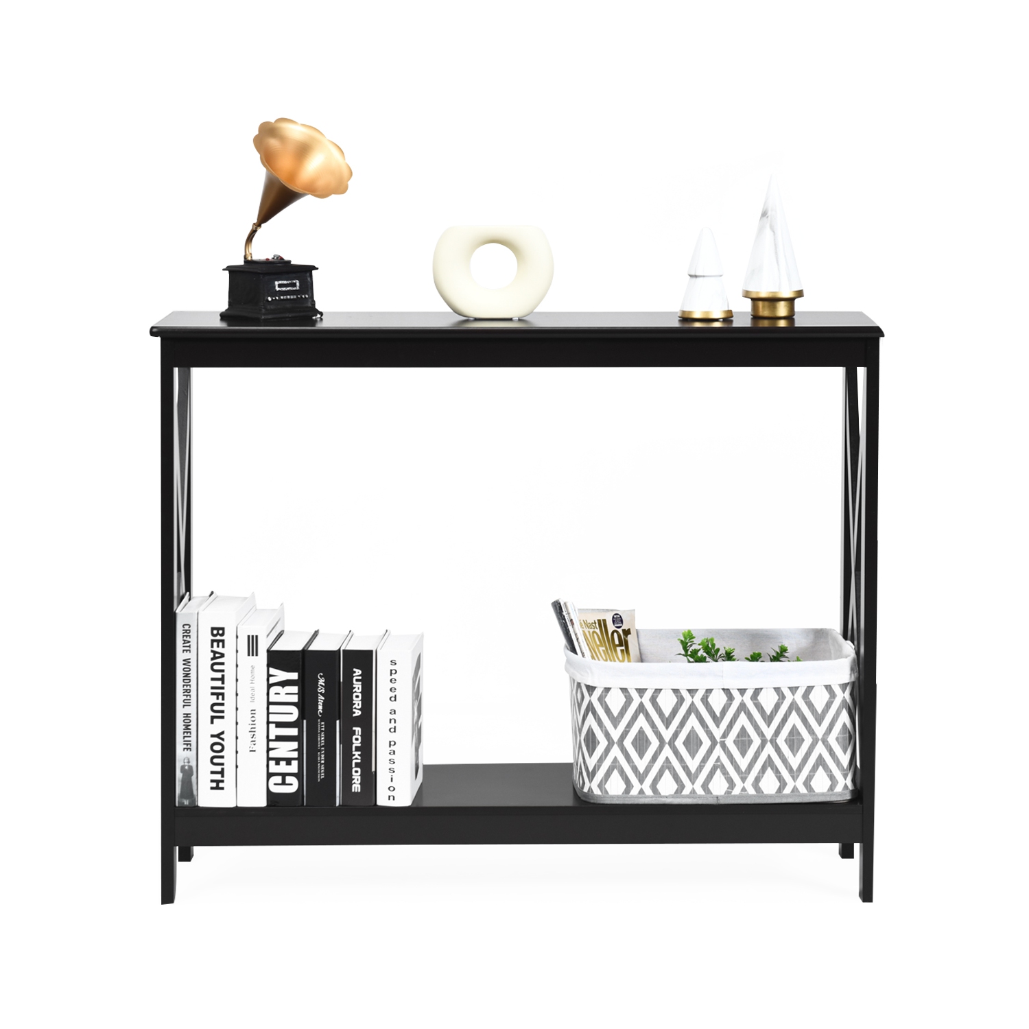 Topbuy Industrial 2-Tier Console Table X-Design Bookshelf Narrow Accent Table Black