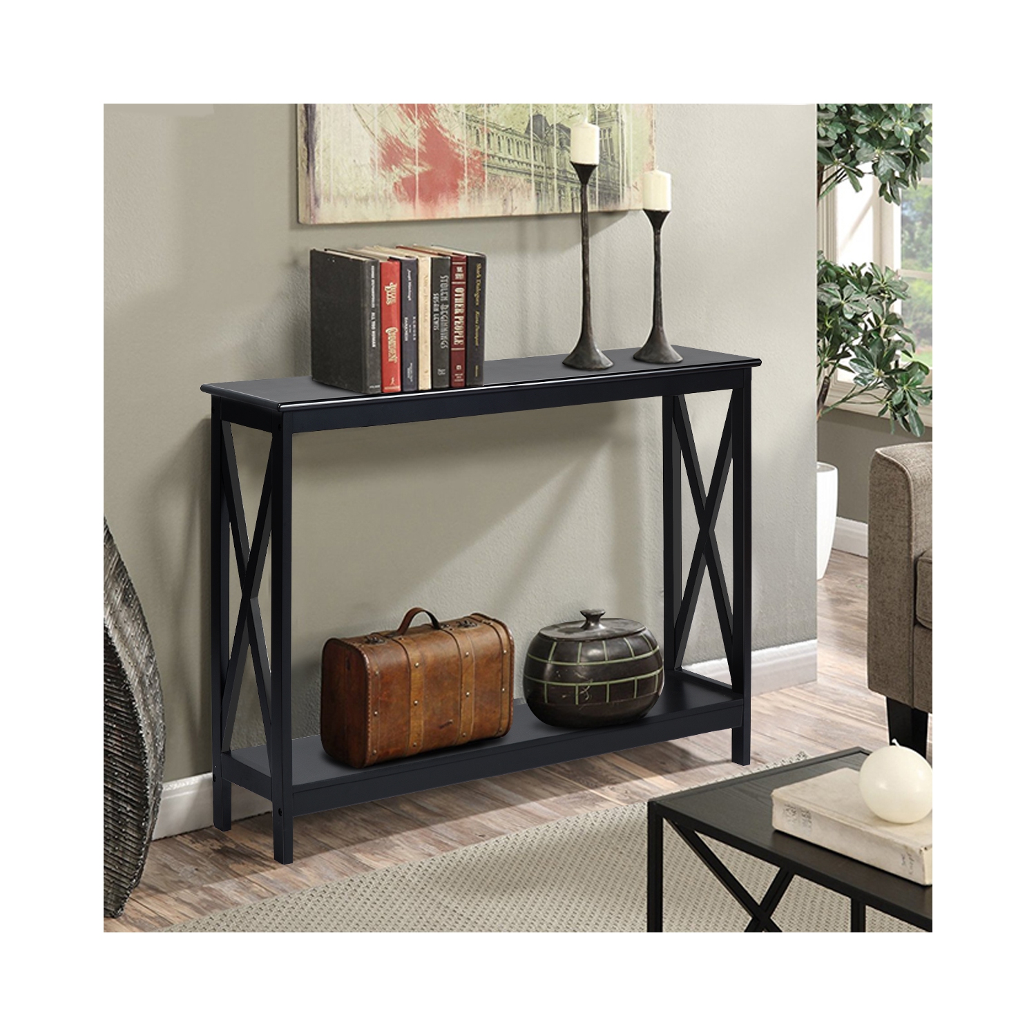Topbuy Industrial 2-Tier Console Table X-Design Bookshelf Narrow Accent Table Black
