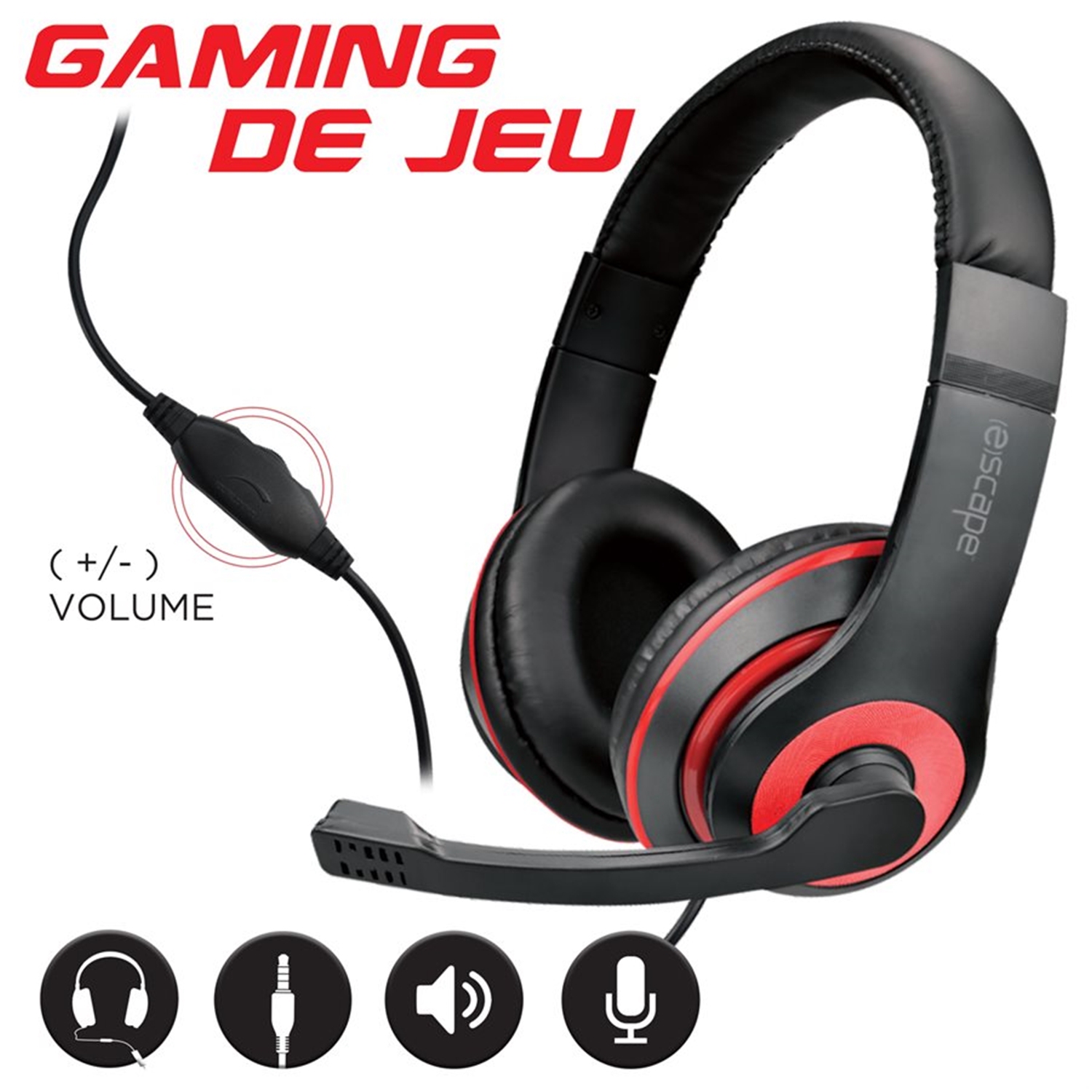 Escape - Wired Stereo Gaming Headset, Volume Control and Microphone, Red