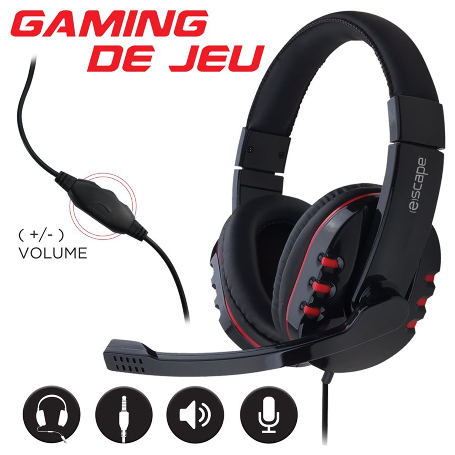 Escape - Casque de Jeu Stéréo Filaire, Contrôle du Volume et Microphone, Rouge