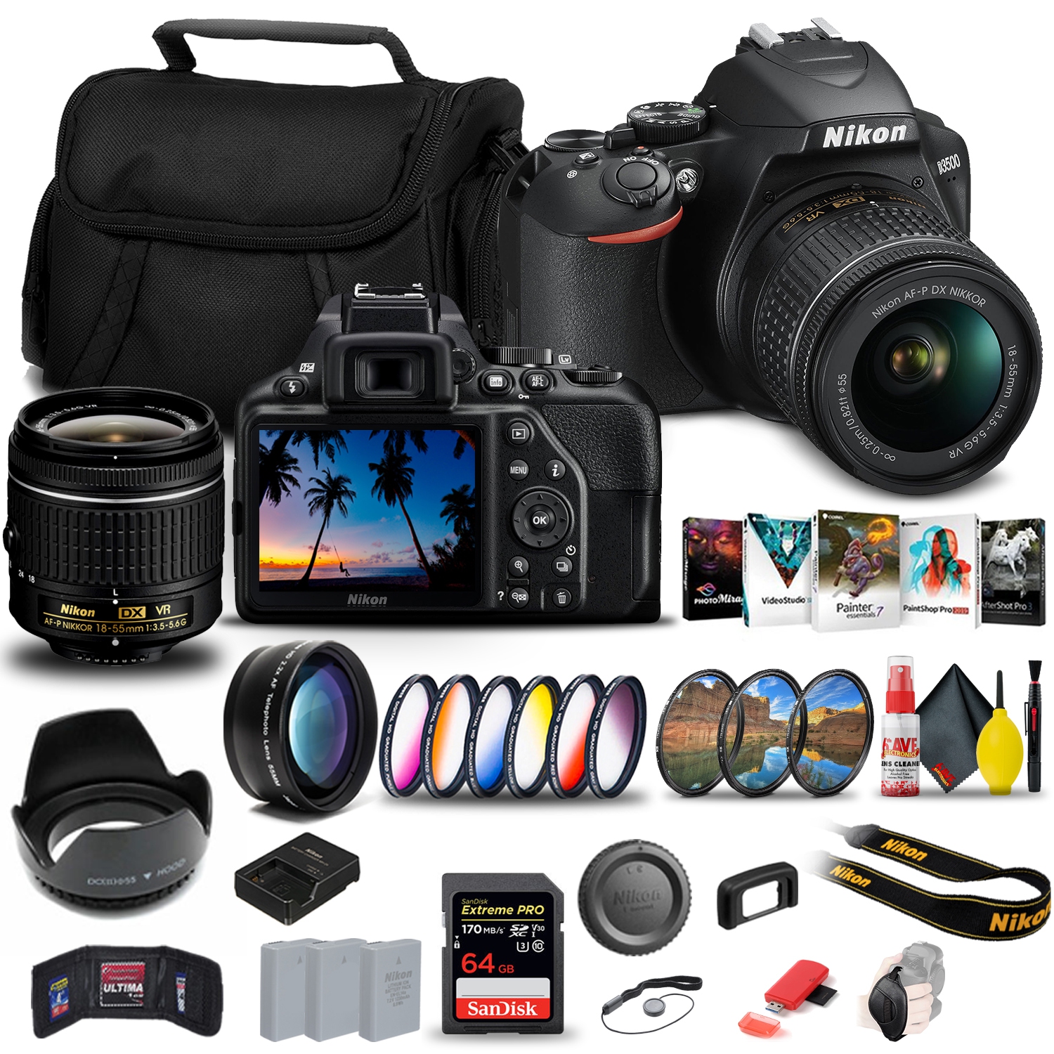 Nikon D3500 DSLR Camera with 18-55mm Lens (1590) + 64GB Extreme Pro Card + 2 x EN-EL14a Battery + Corel Photo Software + Case + Filter Kit + Telephoto Lens + Color Filter + More - International Model