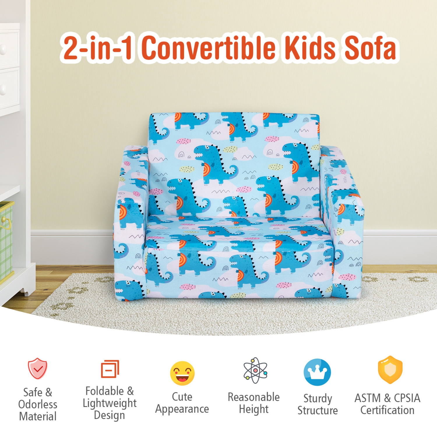 Topbuy 2-in-1 Convertible Kids Sofa Flip Open Couch w/Sturdy Sponge Construction&Velvet Fabric Light Blue