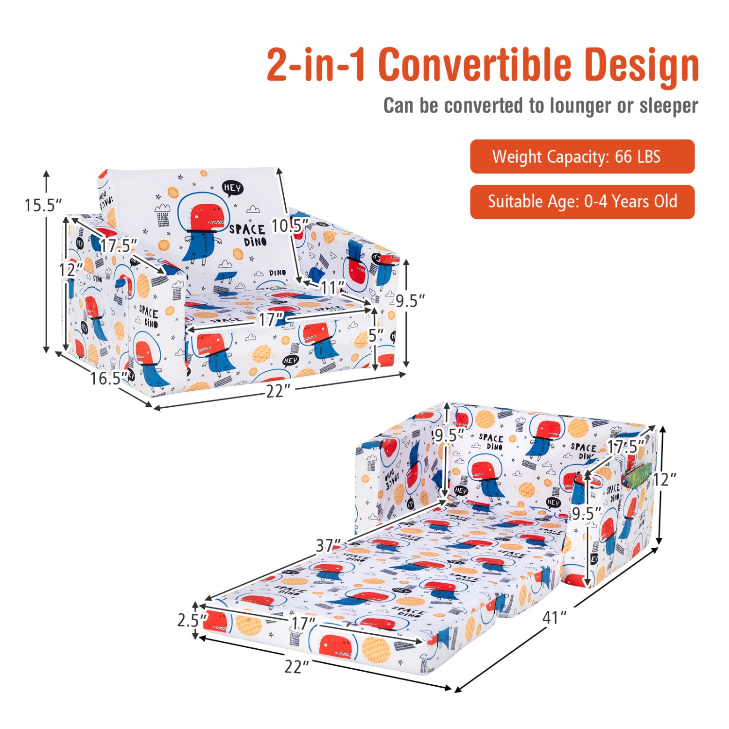 Topbuy 2-in-1 Convertible Kids Sofa Flip Open Couch w/Sturdy Sponge Construction&Velvet Fabric White&Red&Blue