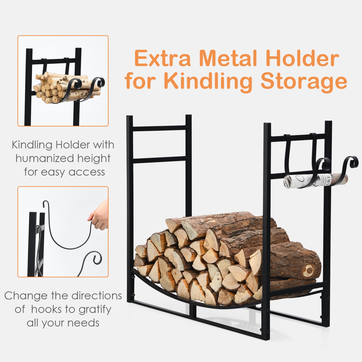 Topbuy 33" Firewood Rack with Kindling Holder 33" Fireplace Log Holder for Indoor&Outdoor Wood Stacker Lumbar Storage Organizer