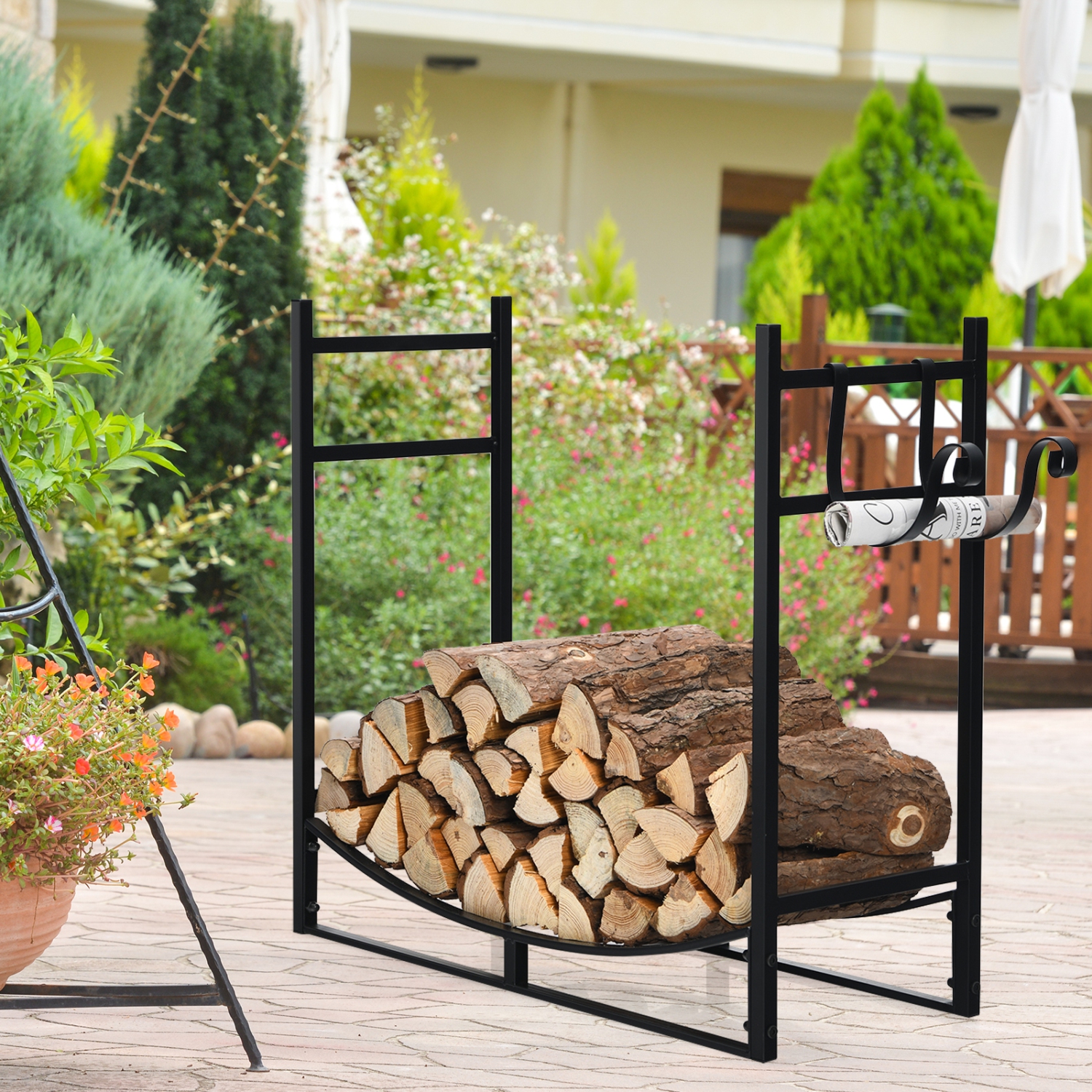 Topbuy 33" Firewood Rack with Kindling Holder 33" Fireplace Log Holder for Indoor&Outdoor Wood Stacker Lumbar Storage Organizer