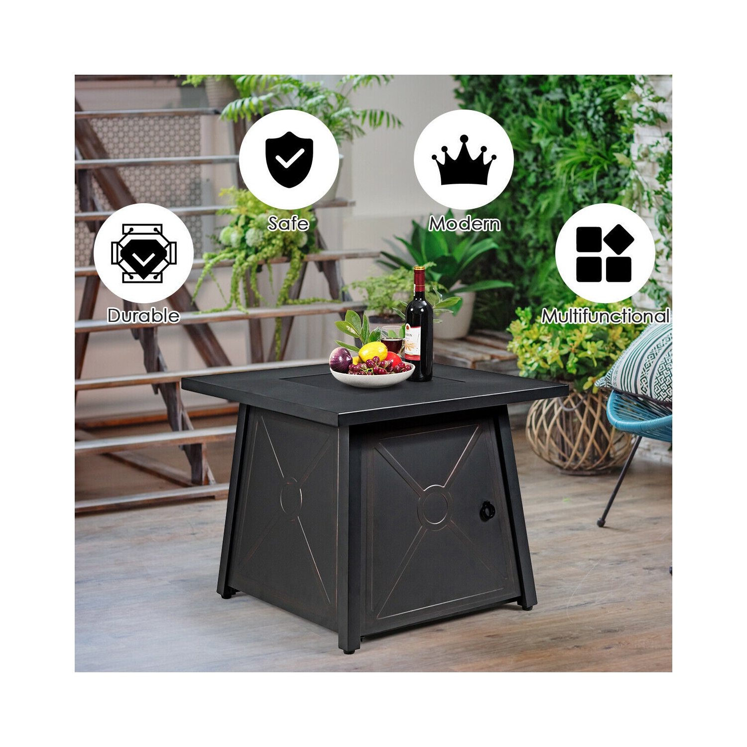 Topbuy 50,000 BTU Square Outdoor Propane Fire Pit Table with Waterproof Cover Lava Rock