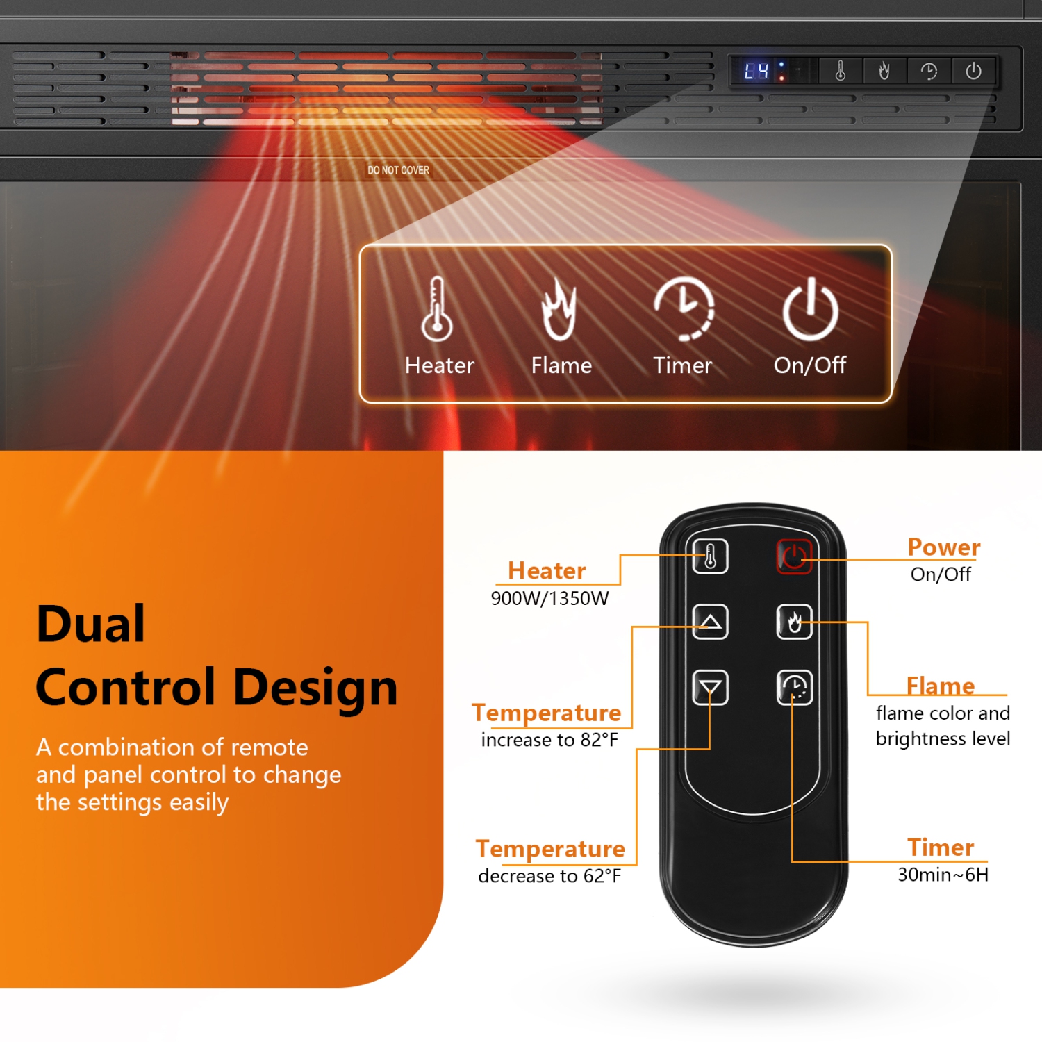 Topbuy 25" Electric Fireplace Wall Recessed Electric Heater w/Remote Control Touch Screen Thermostat Timer