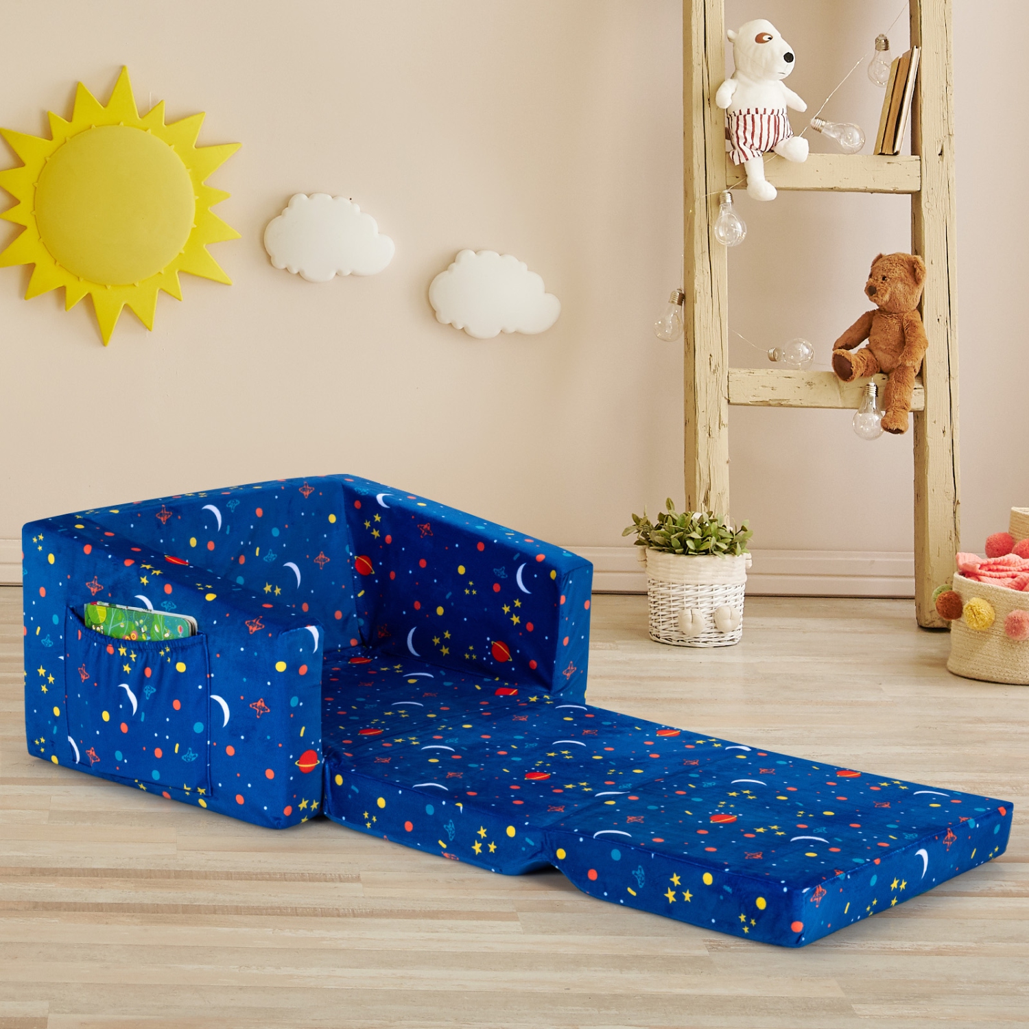 Topbuy 2-in-1 Convertible Kids Sofa Flip Open Couch w/Sturdy Sponge Construction&Velvet Fabric Blue