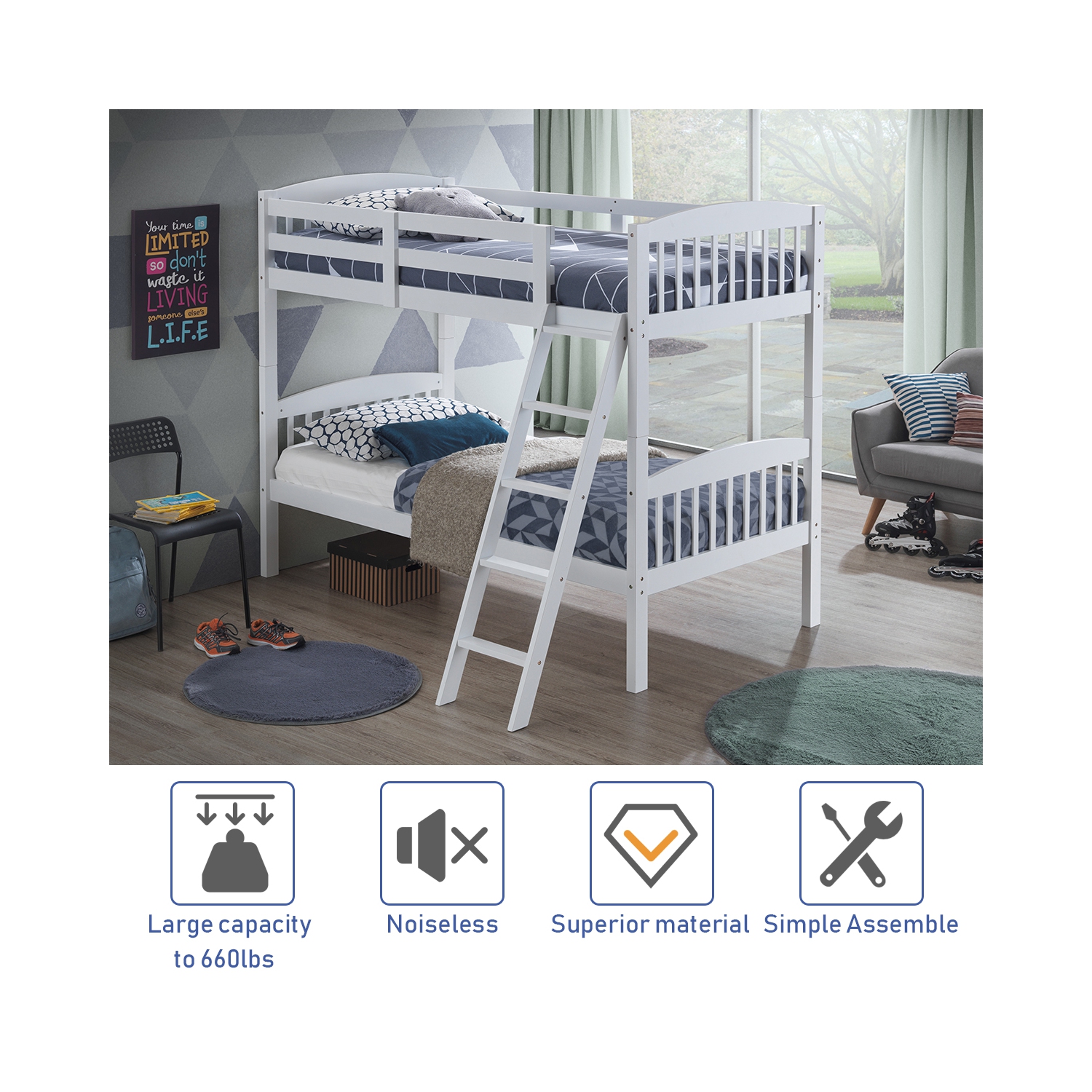 Topbuy Twin Over Twin Bunk Beds Hardwood&nbsp;&nbsp;Convertible into 2 Individual Kid Bed Ladder White/ Espresso