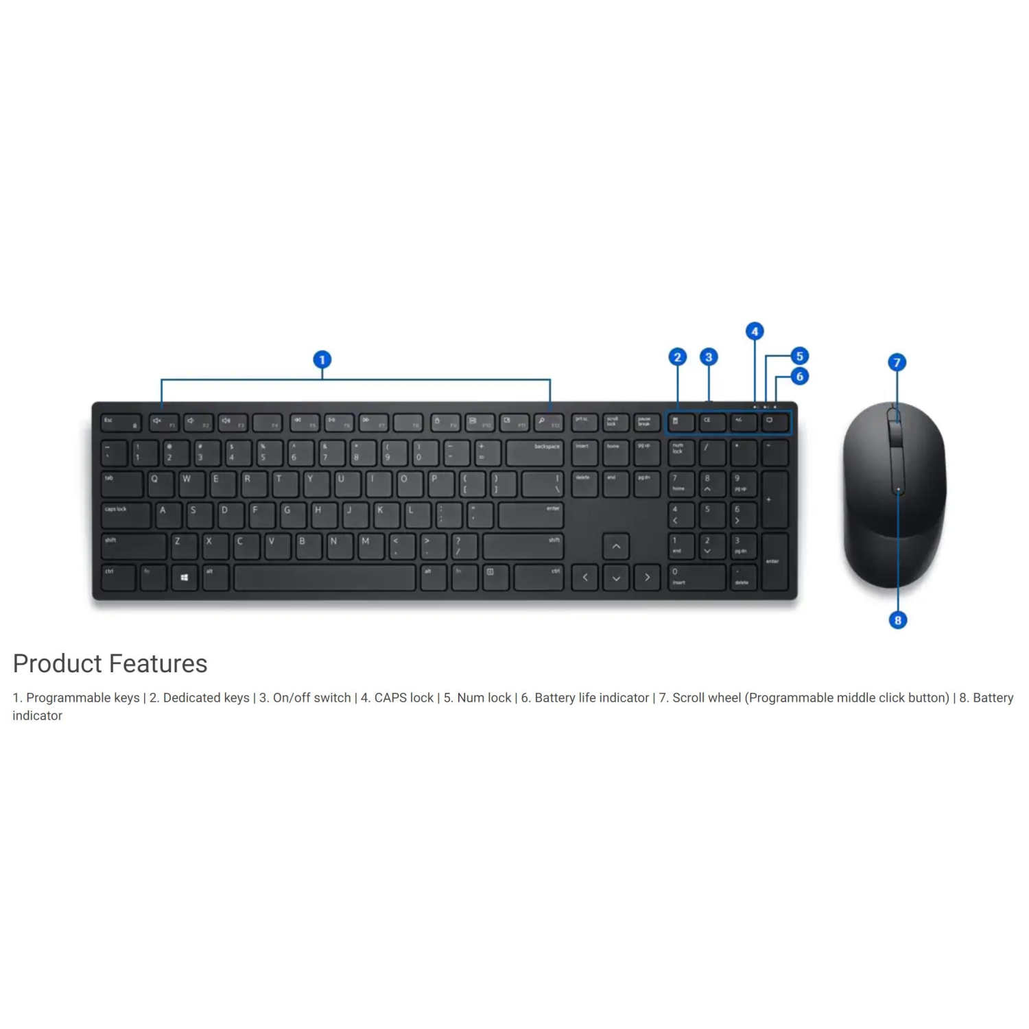 Dell Pro Wireless Keyboard and Mouse – KM5221W Version, Receiver Installed in USB-A/B port, Not for USB-C port