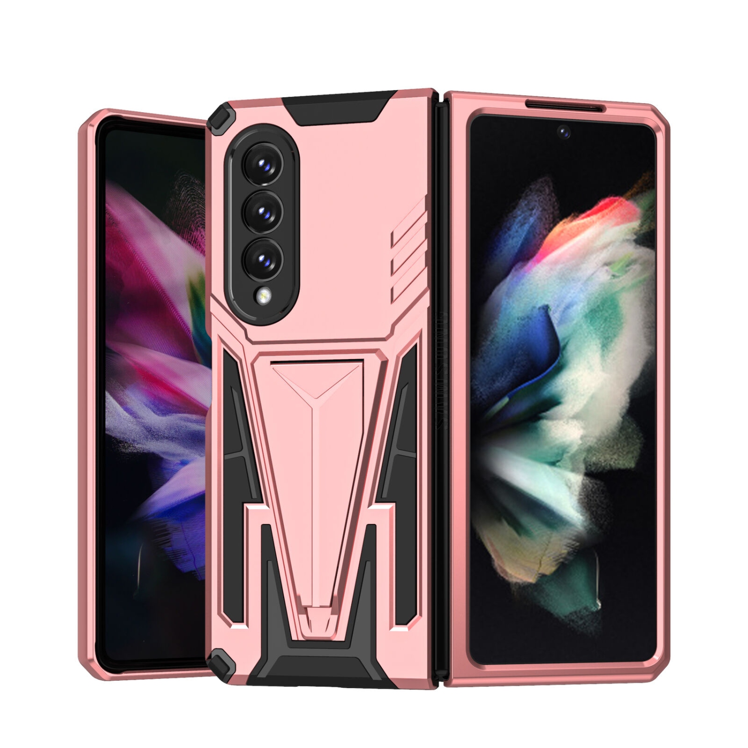 【CSmart】 Shockproof Heavy Duty Rugged Defender Case Kickstand Cover for Samsung Galaxy Z Fold 3 5G, Rose Gold