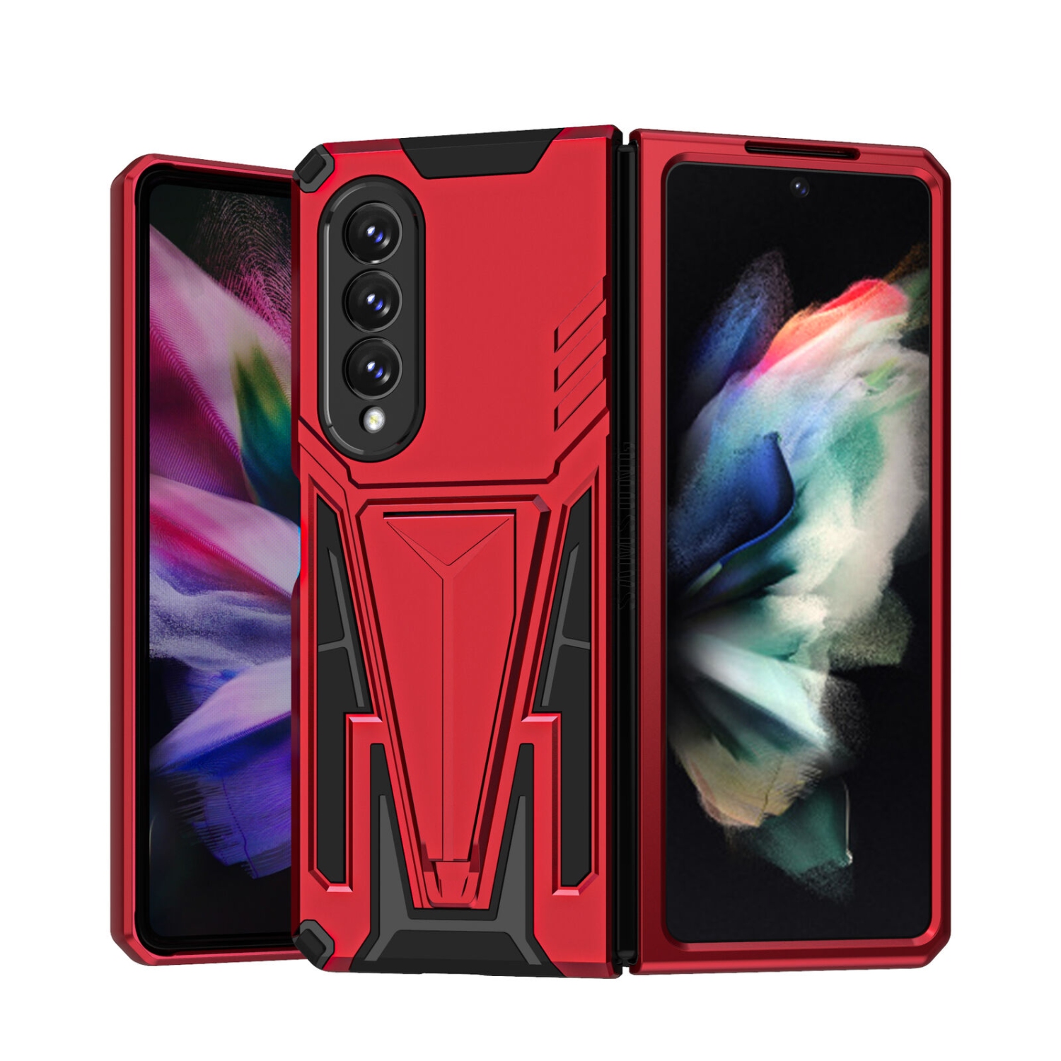 【CSmart】 Shockproof Heavy Duty Rugged Defender Case Kickstand Cover for Samsung Galaxy Z Fold 3 5G, Red