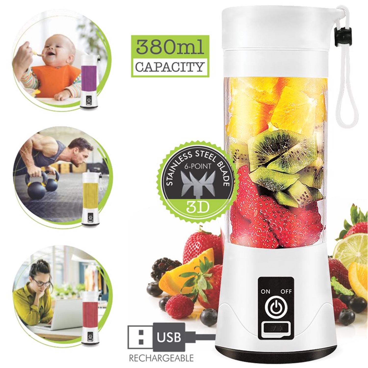 Hauz - Portable Personal Blender, 380 mL Capacity, USB Reachargeable, White