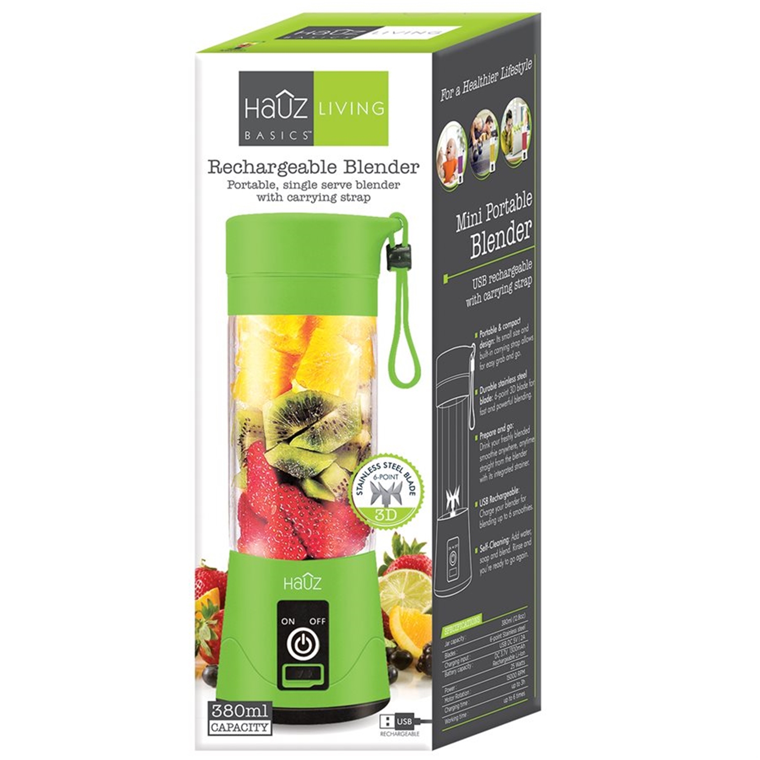 Hauz - Portable Personal Blender, 380 mL Capacity, USB Reachargeable, Green