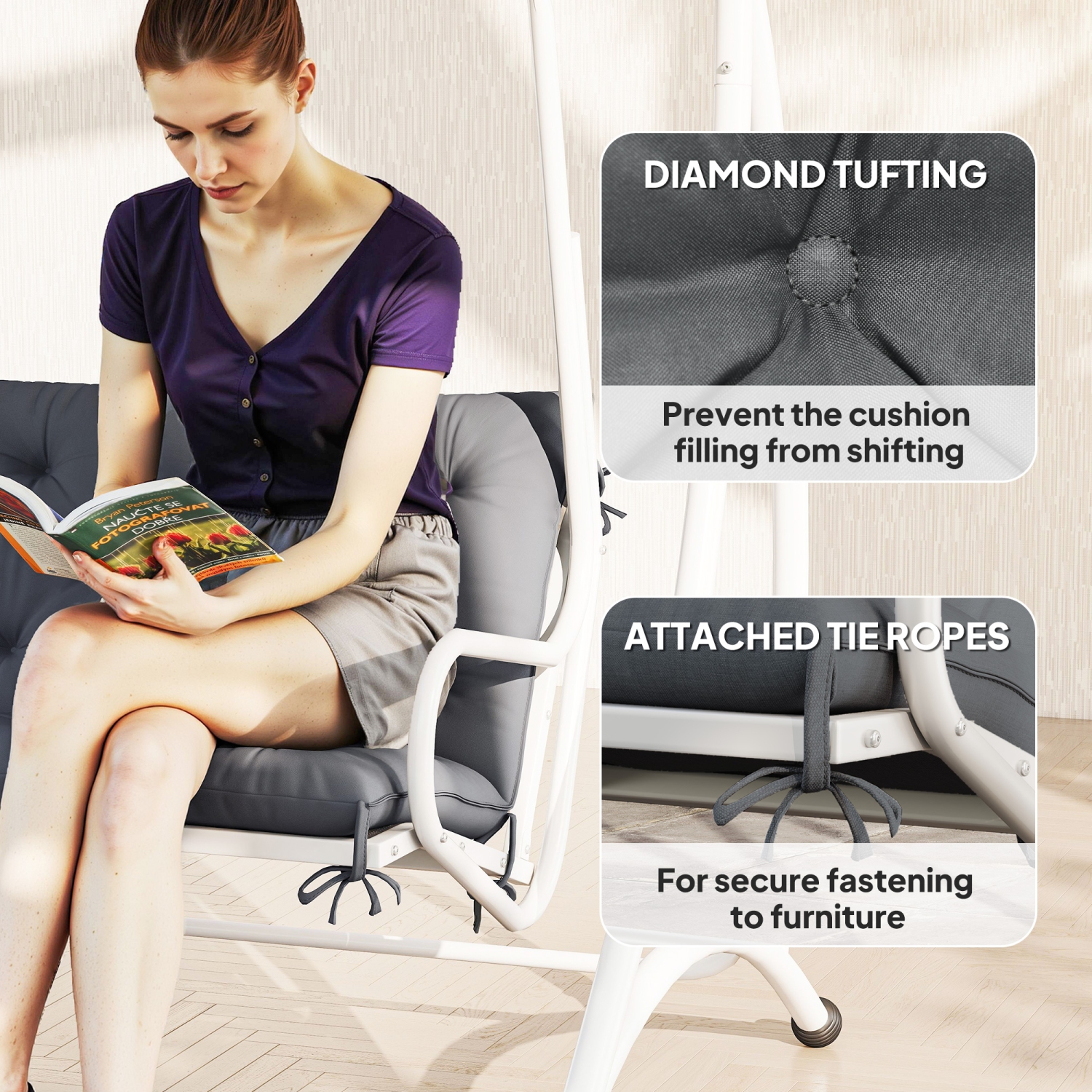 Outsunny Porch Swing Cushion Garden Bench Cushion with Backrest, Non-Slip 2-seater Soft Pad, Swing Chair Mat Replacement for Indoor and Outdoor,