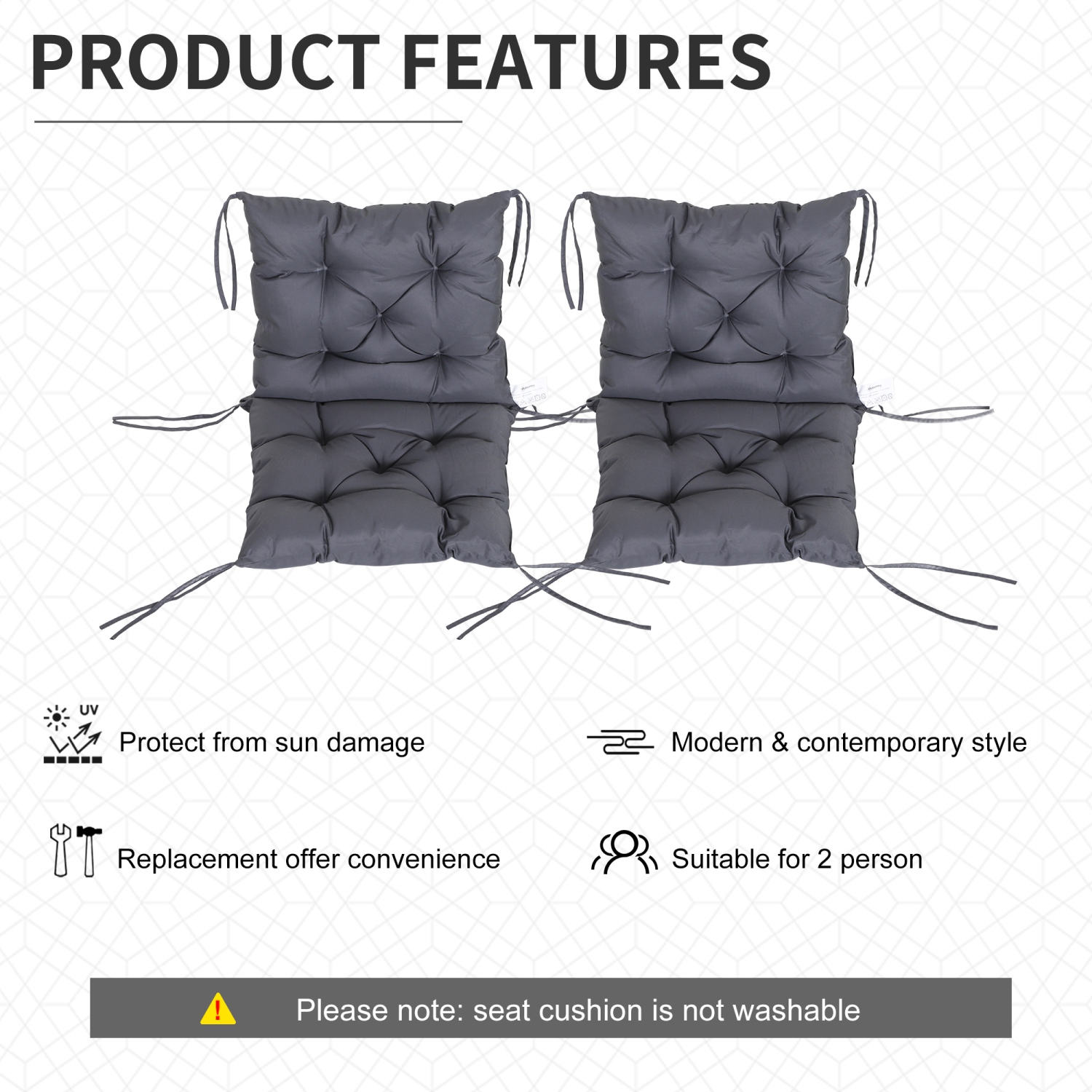 Outsunny Patio Chair Cushions Set of 2, 39" x 20" x 3" Outdoor Tufted Cushion Set with Ties for Indoor Outdoor Garden Furniture, Dark Grey