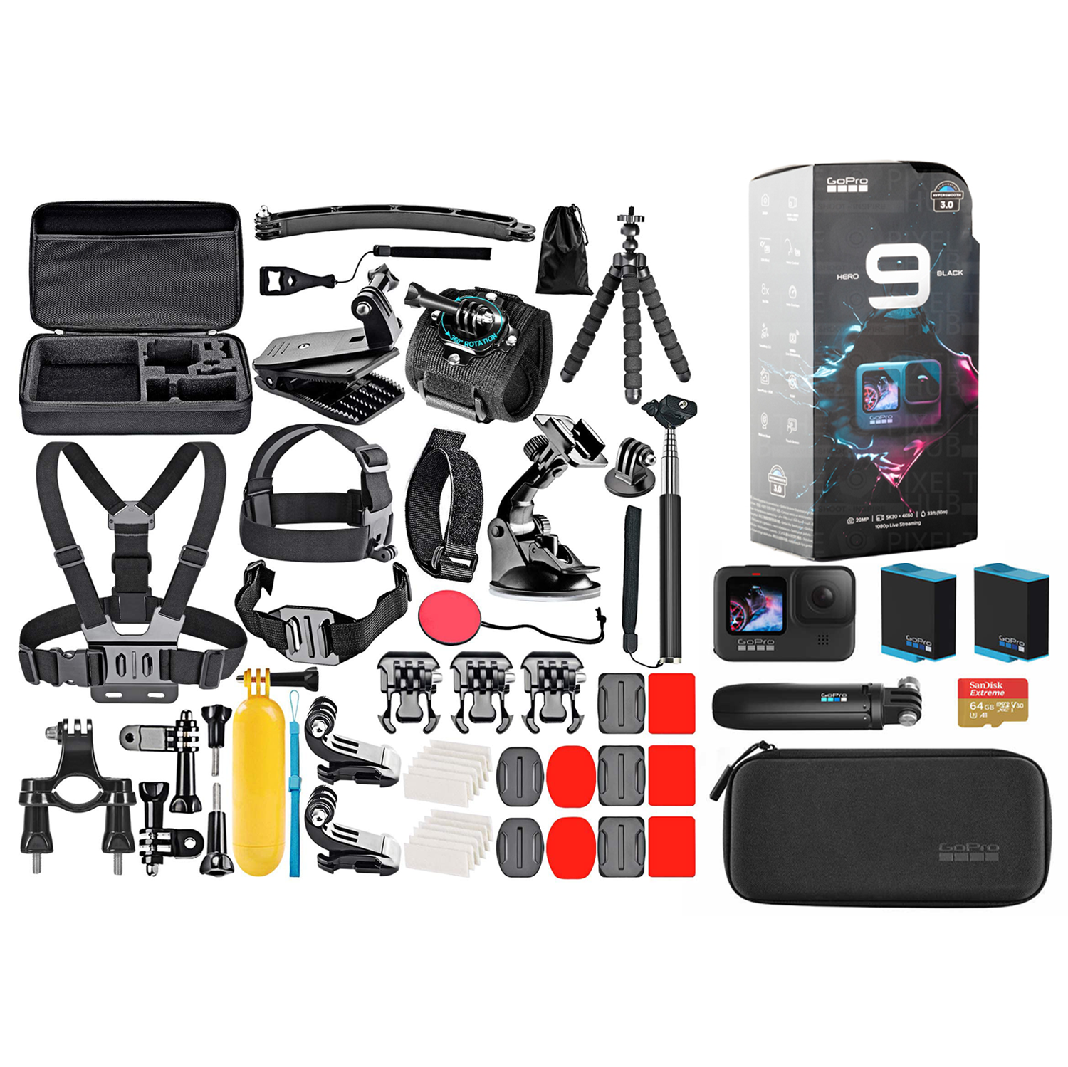 GoPro HERO9 Black MEGA Bundle - GoPro HERO 9 Black +2 Spare Battery + The Handler Tripod + Compact Case + 64 GB MicroSD Card + Travel Case and +50 Action Camera Accessory
