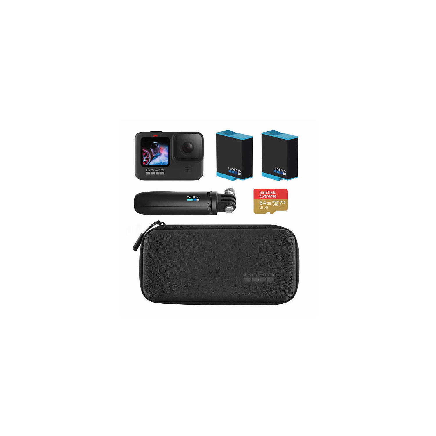 GoPro HERO9 Black MEGA Bundle - GoPro HERO 9 Black +2 Spare Battery + The Handler Tripod + Compact Case + 64 GB MicroSD Card + Travel Case and +50