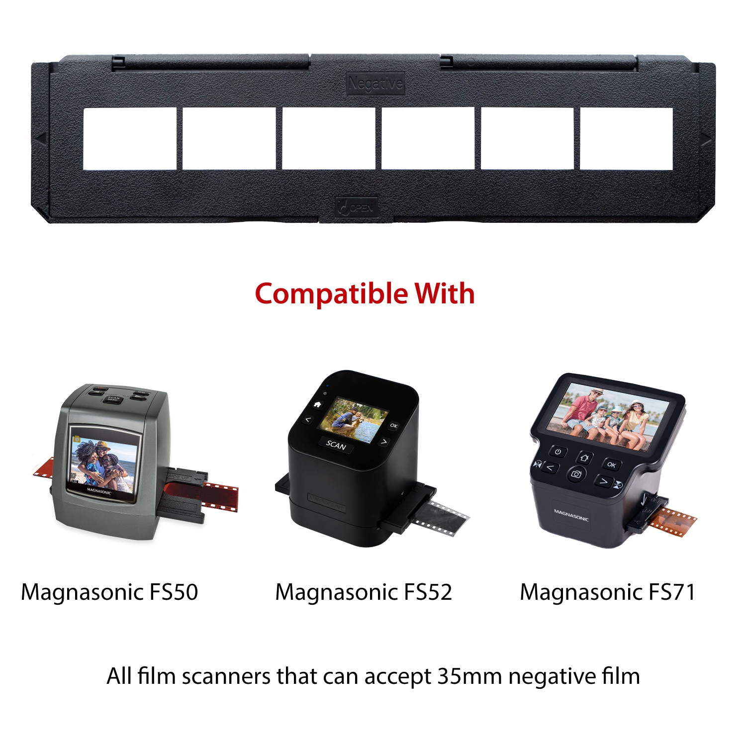 Magnasonic Long Tray Negative Film Holder for 35mm Compatible Film Scanners, Holds 6 Frames, Easy to Use - Set of 3