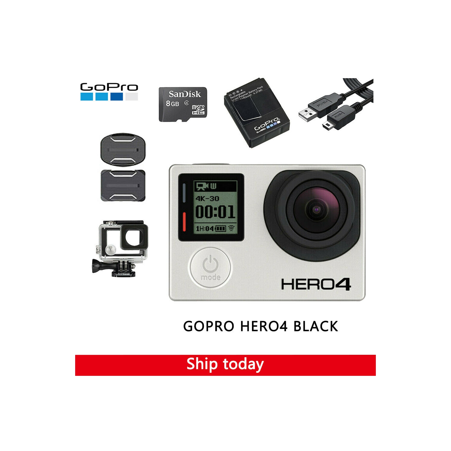 Refurbished (Good) - GoPro HERO 4 Black 4K Ultra HD Camera Camcorder With Waterproof Case, 8G SD Card