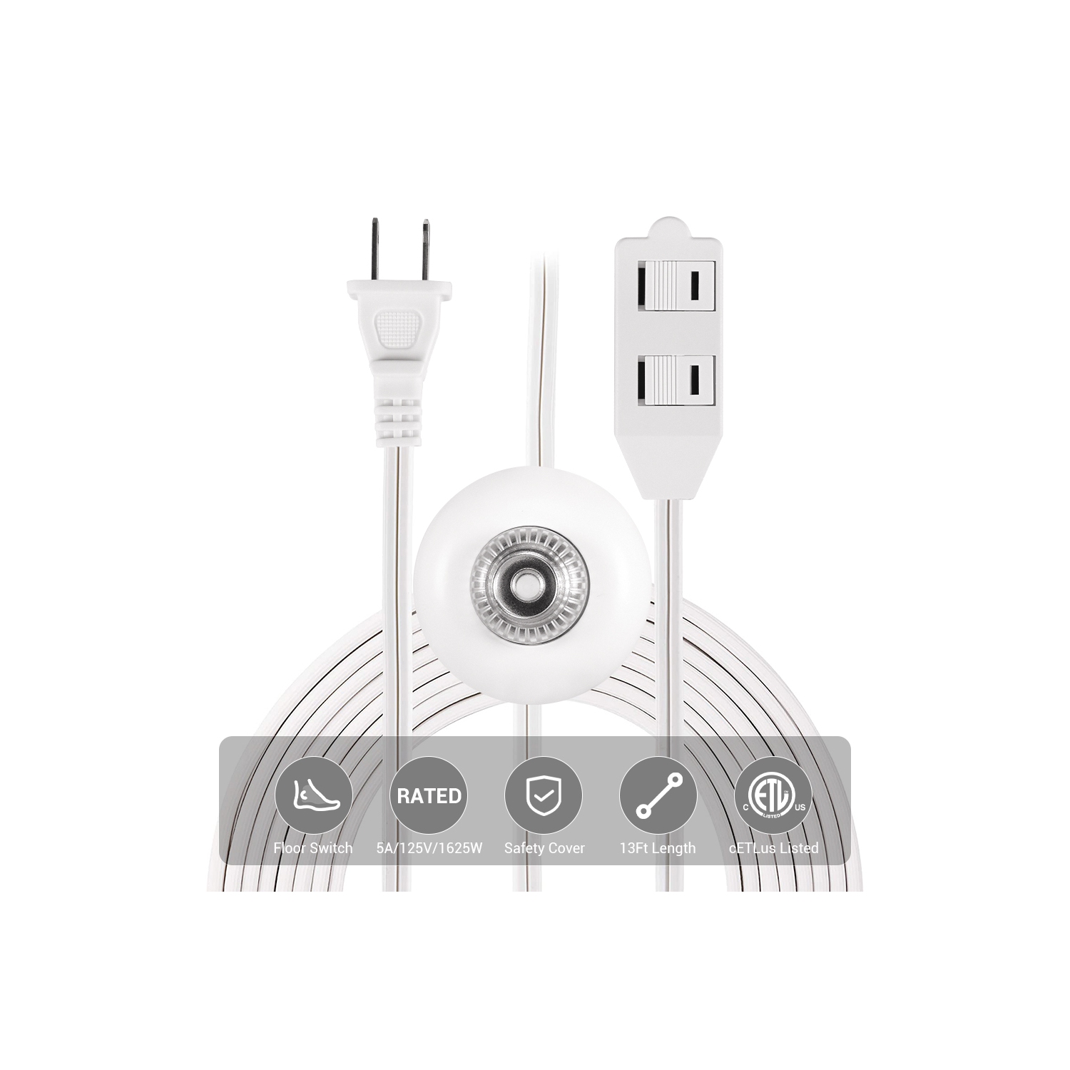 Rallonge intérieure de 13 pi à 2 broches à 3 prises avec interrupteur au pied, 5A/125V/1625W pour lampes, lumières de vacances et de Noël