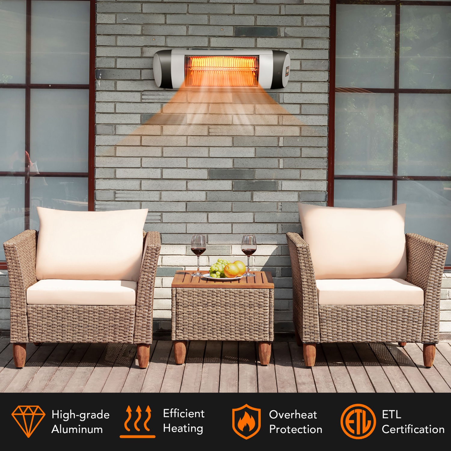 Costway Wall-Mounted Electric Heater Patio Infrared Heater W/ Remote Control