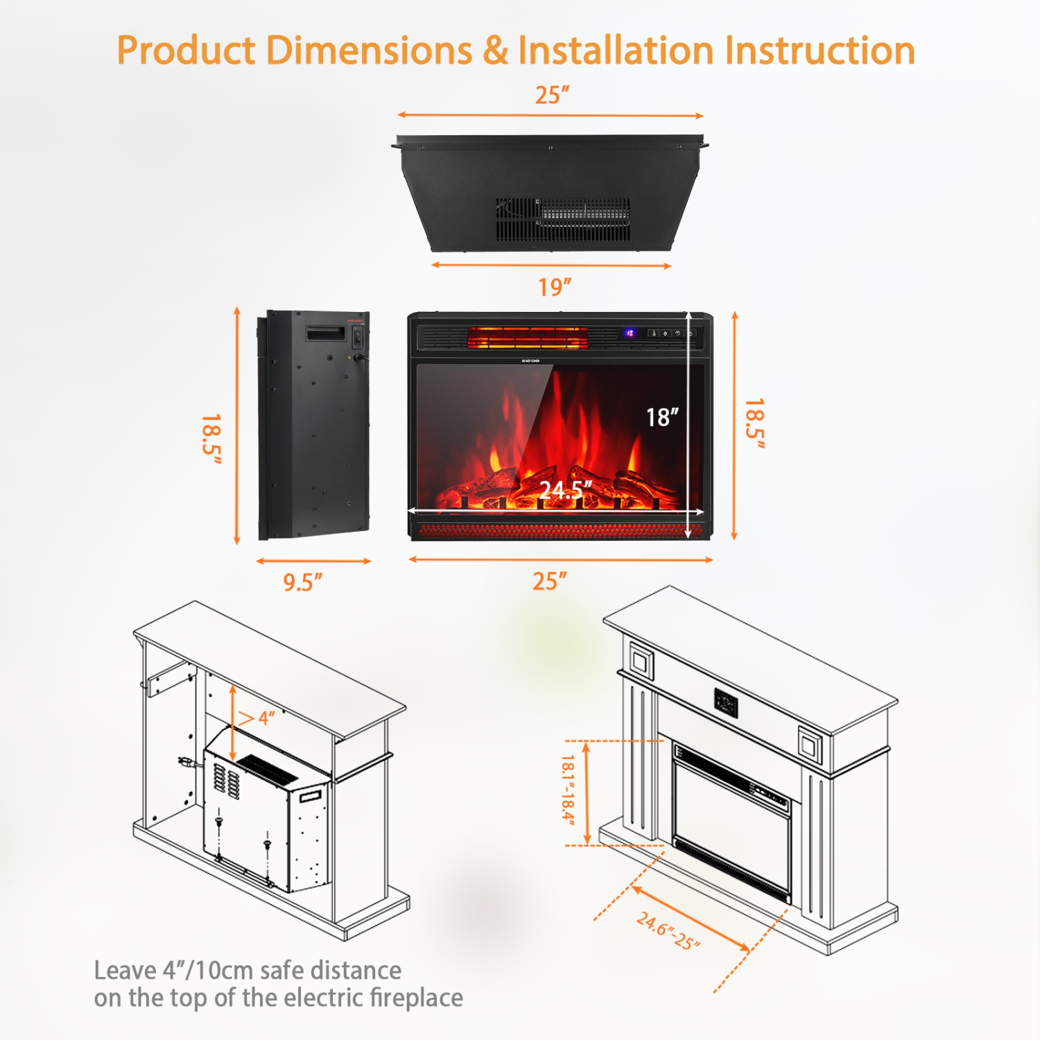 25po Foyer électrique autoportant et chauffant encastré Log Flame Remote 1350W